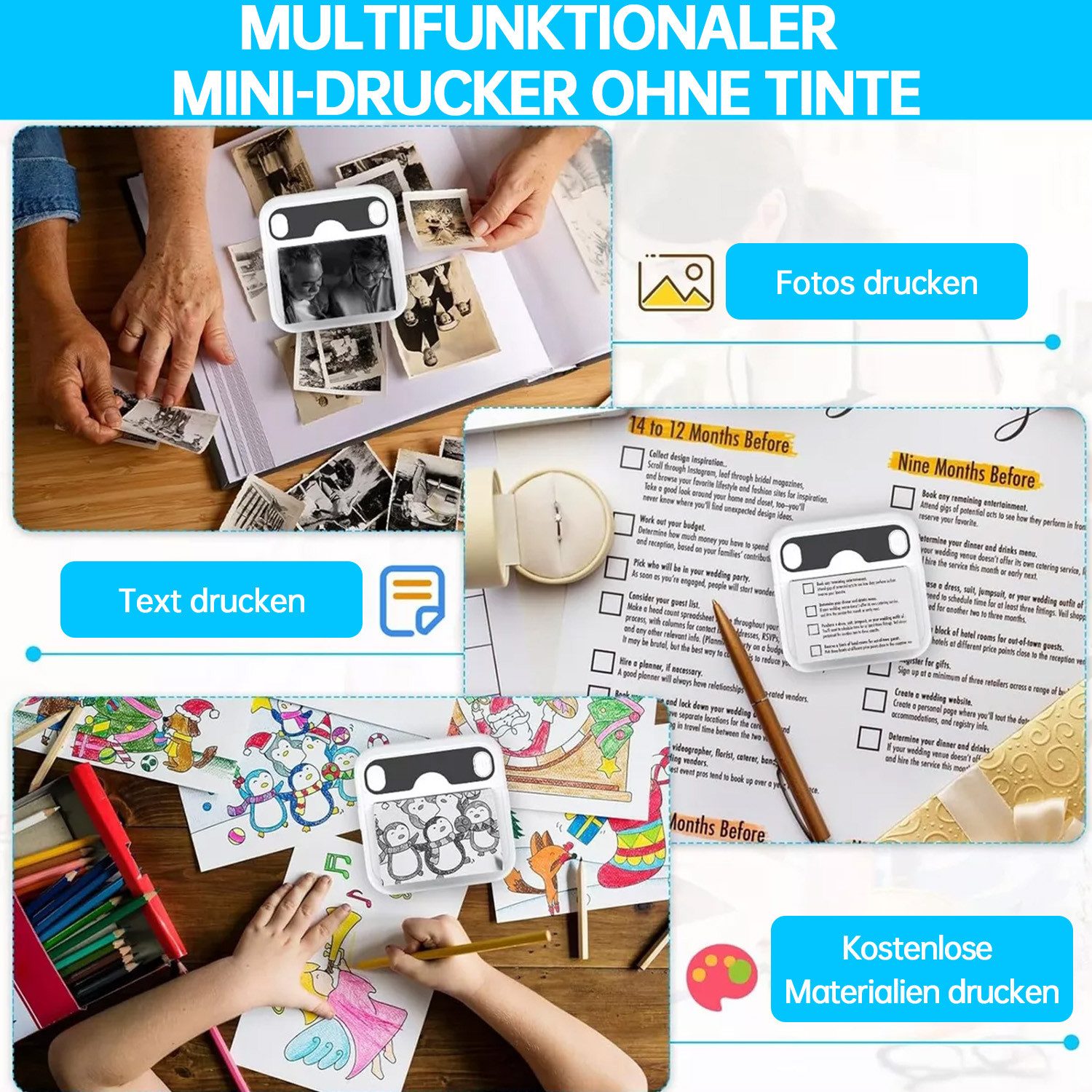 MOPUEA Thermodrucker Mini-Multifunktionsdrucker Bluetooth Etikettendrucker Etikettendrucker, (Ausgezeichnete Druckqualität Und 10 Rollen Papier)
