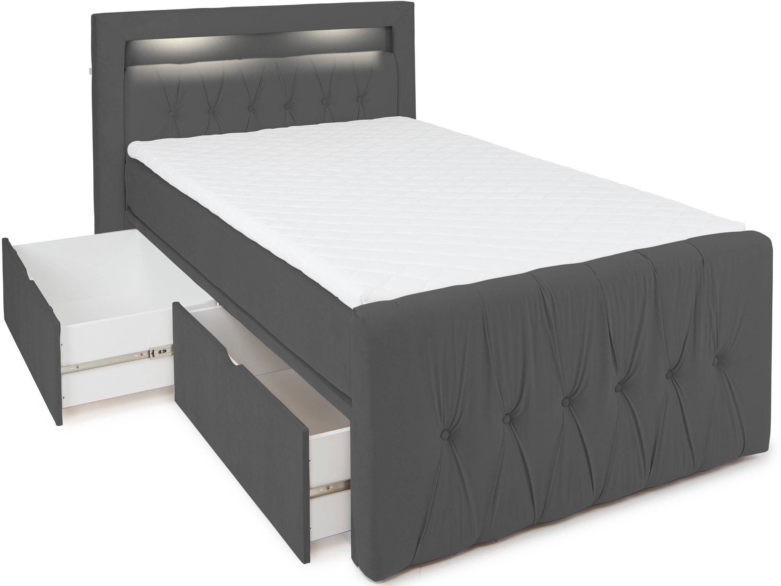 und Anthrazit inkl. wonello Boxspringbett Topper Stauraum, Valencia, mit LED-Beleuchtung