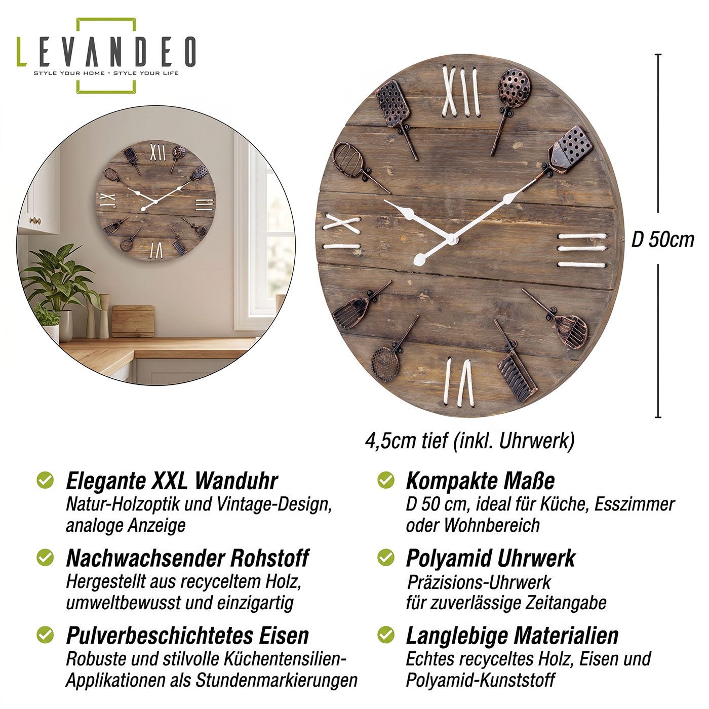 Levandeo® Wanduhr XXL Wanduhr Ø 50cm Holz Natur Braun Küchenuhr Rustikal Shabby Chic Vin