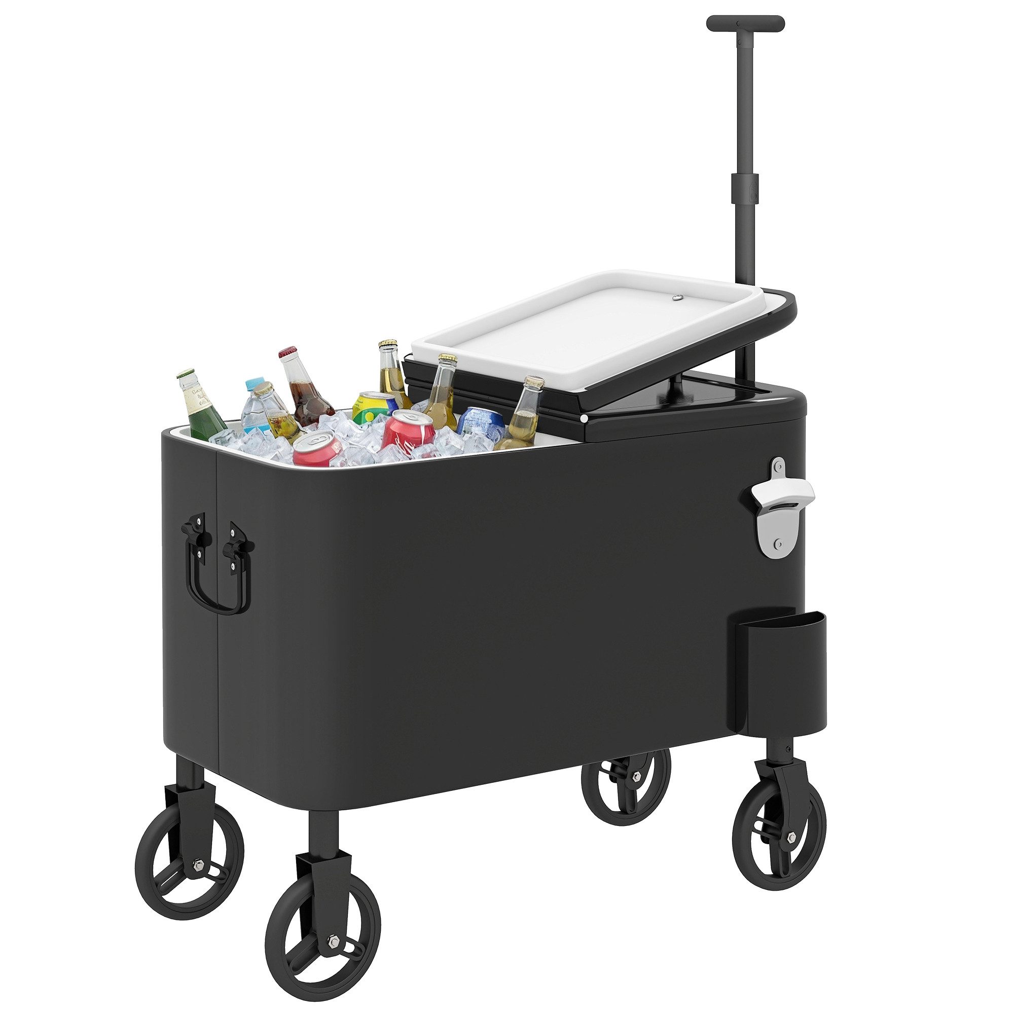 kowdom Trolley-Kühlbox Getränkekühler Servierwagen 56L mit Rollen & Flaschenöffner, Flaschenöffner, Ablass, Rollen, höhenverstellbarer Griff