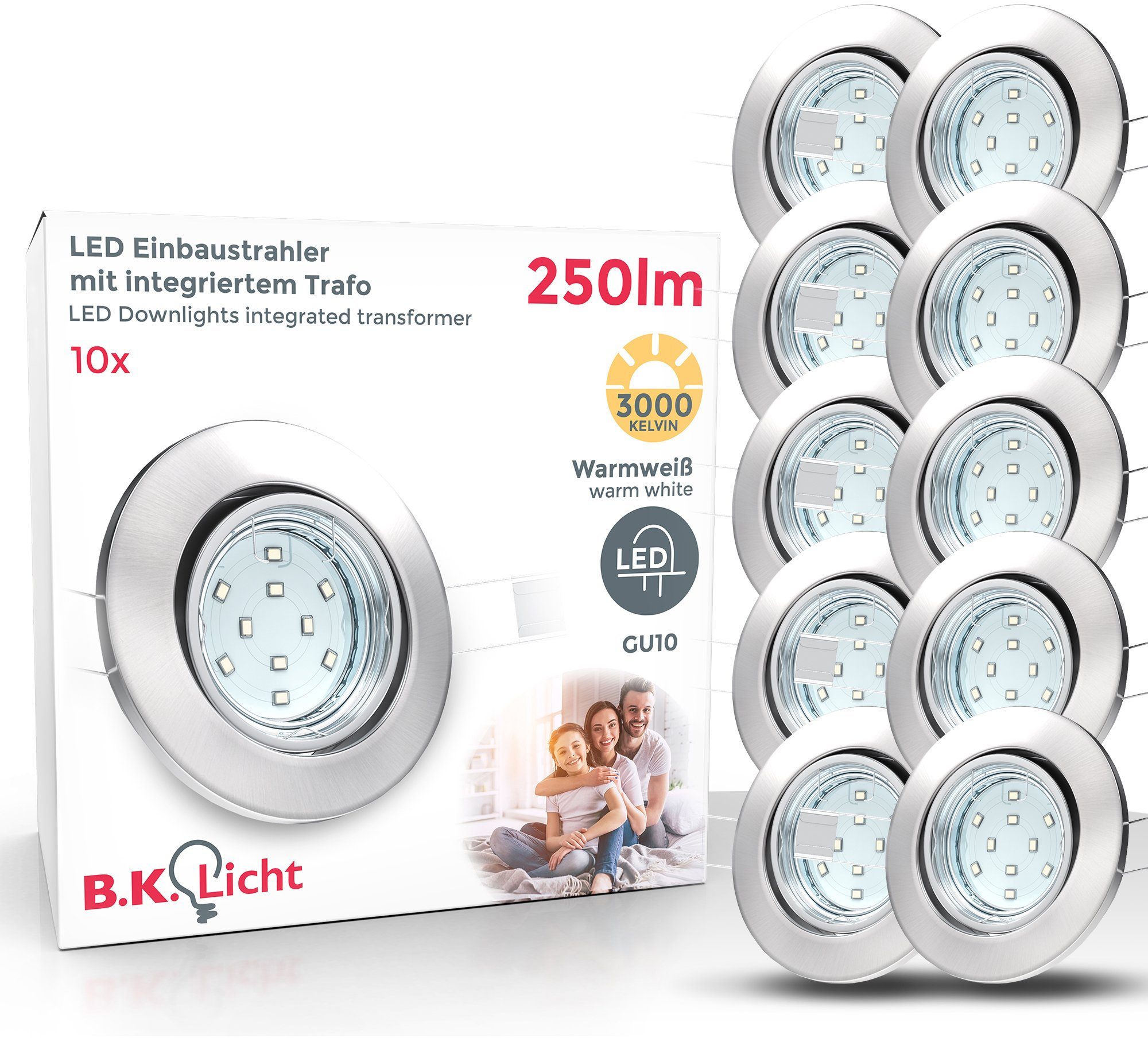 LED wechselbar, 3W 250lm Warmweiß, schwenkbar, Leuchtmittel inkl. weiß, Decken-Spot LED Einbauleuchten, B.K.Licht Einbaustrahler, GU10,