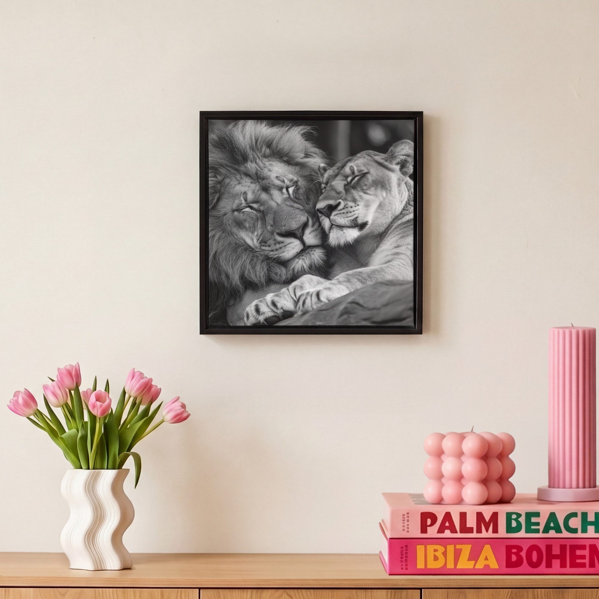 OneMillionCanvasses® Leinwandbild mit Rahmen - Löwen - Tiere - Schwarz - Weiß - Löwe, Fotodruck (1 St), Leinwand Bilder Klein, Wand Dekoration Aesthetic 20x20cm – Bild 4 von 5