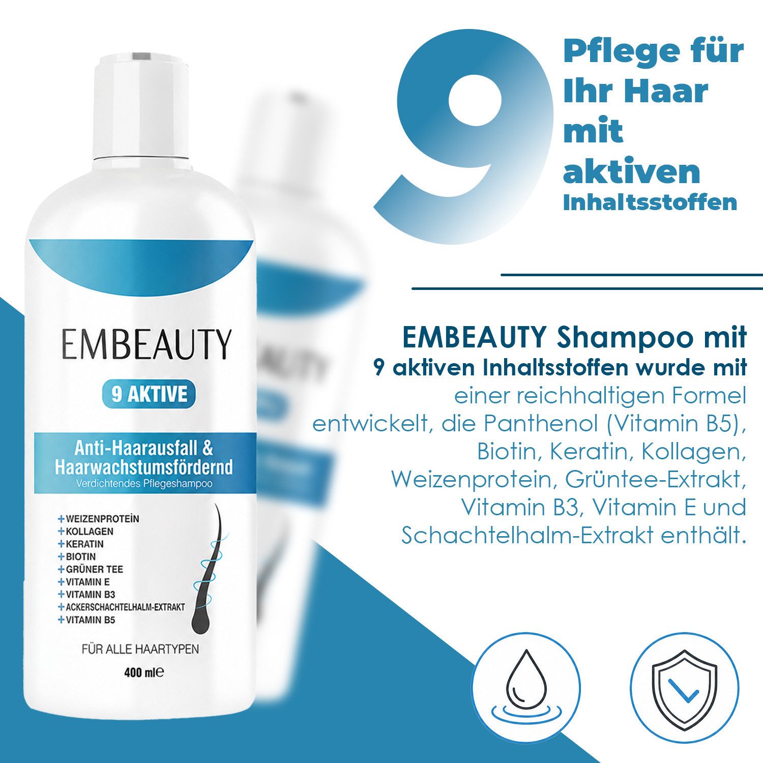 EMBEAUTY Haarshampoo Collagen & Keratin Shampoo–9 Aktivstoffe für kräftig aussehendes Haar, Nährende Haarpflege für kräftig aussehendes, volles Haar