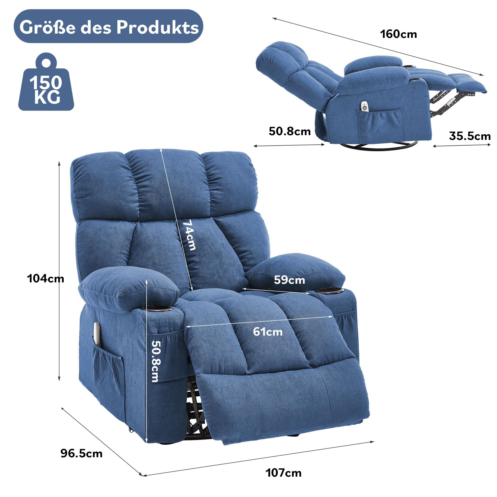 bosmiller Relaxsessel Elektrisch Massagesessel mit Wärmefunktion,Fernsehsessel Liegefunktion (1-St), mit 2 Seitentaschen Getränkehalter, 360°-Drehung für Wohnzimmer