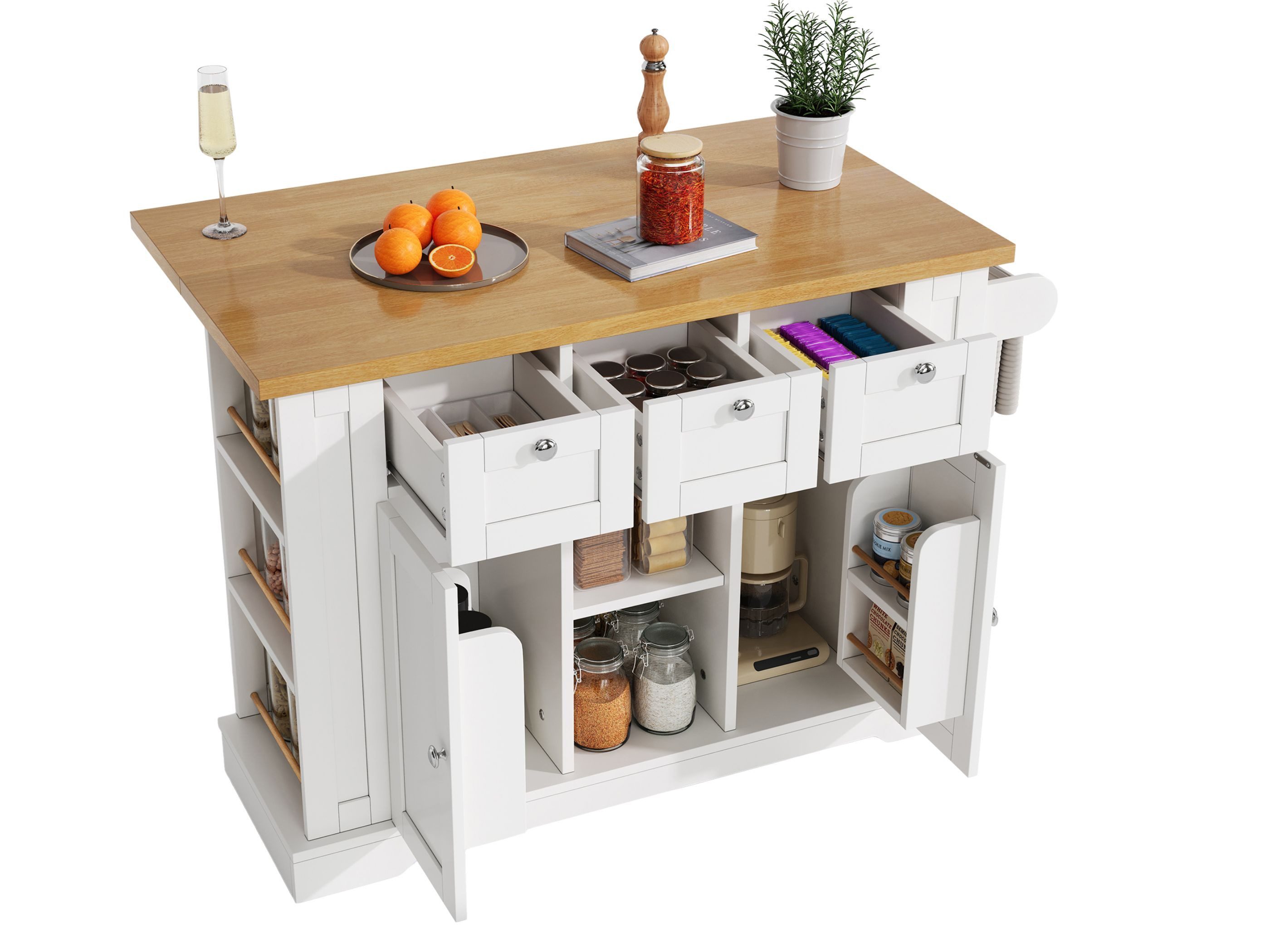 SeedWave Kücheninsel mit klappbarer 70 cm Tischplatte, 3 Schubladen, USB-Ladestation, Doppeltüren, Seitenregalen, Rollen mit Feststeller