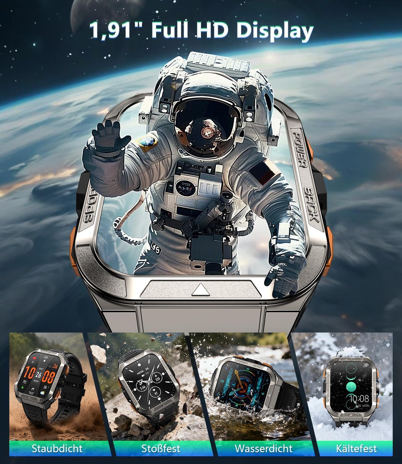IOWODO Smartwatch Herren W80 Pro–GPS,Kompass 2.0,900mAh Akku,Bluetooth Anrufe Smartwatch Set, mit Wechselband aus weichemSilikon und Ladekabel, 15 Tage Akku,LED-Taschenlampe,SOS,IP68,Für Outdoor&Abenteuer,2 Armband
