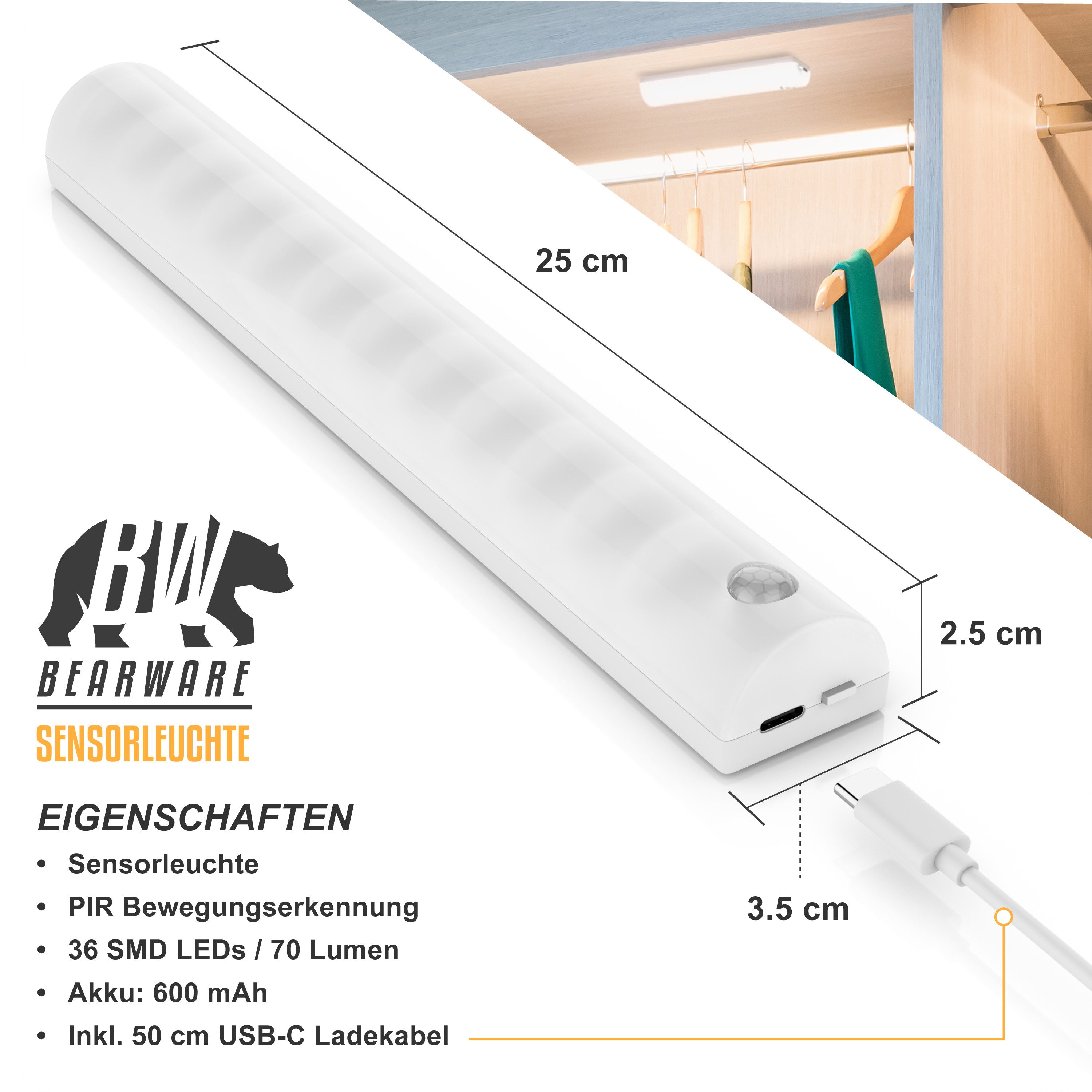 BEARWARE Smarte LED-Leuchte Sensorlicht mit Bewegungsmelder, PIR Sensor, 4 Lichtfarben, Nachtlicht, Farbwechsel; Ein-/Ausschalter, LED fest integriert, Kaltweiß, 2× Warmweiß, Neutralweiß, Flexible Anbringung mit Magnetstreifen, 70 Lumen, 3m Reichweite