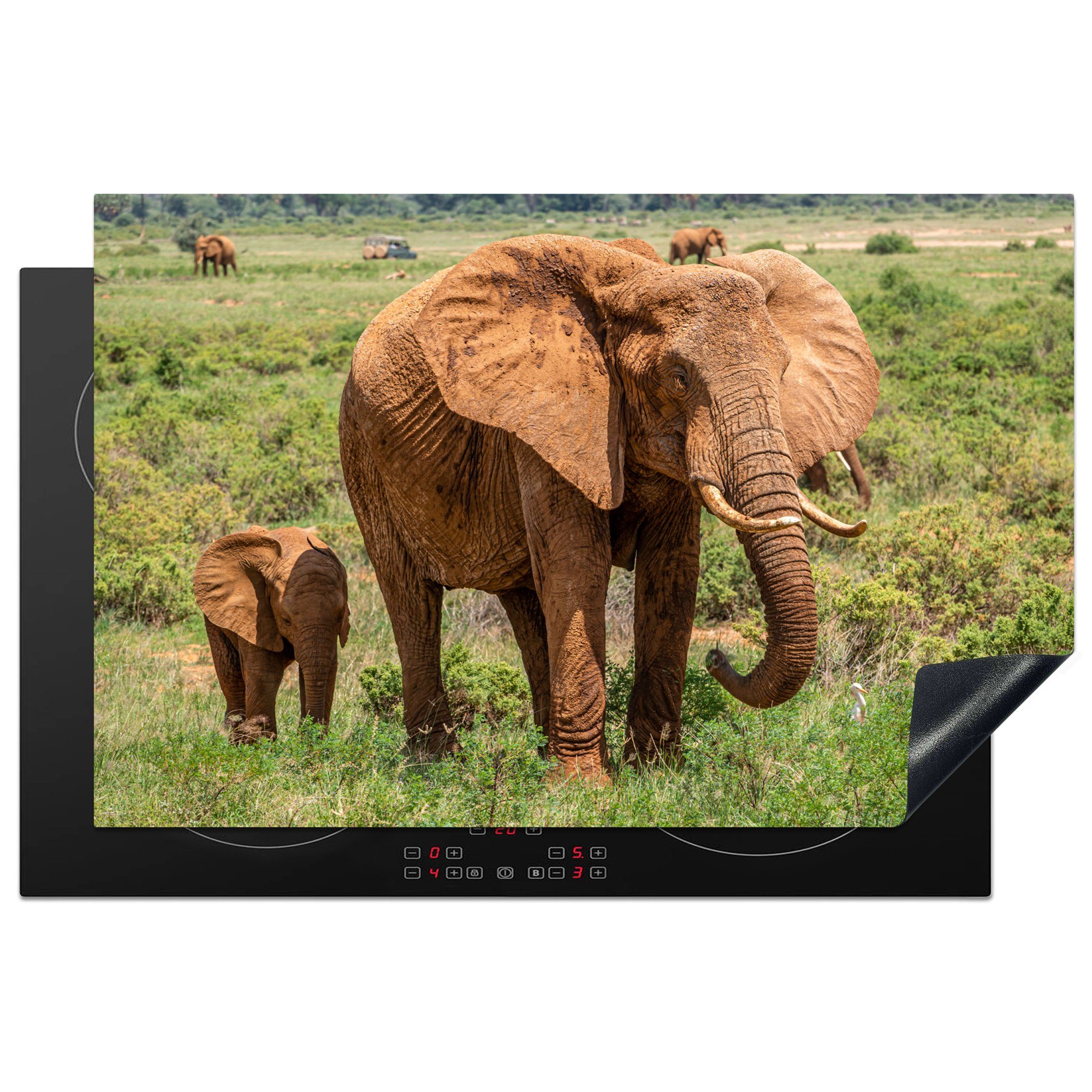 MuchoWow Herdblende-/Abdeckplatte Elefantenbaby mit seiner Mutter im Gras, Vinyl, (1 tlg), 81x52 cm, Induktionskochfeld Schutz für die küche, Ceranfeldabdeckung