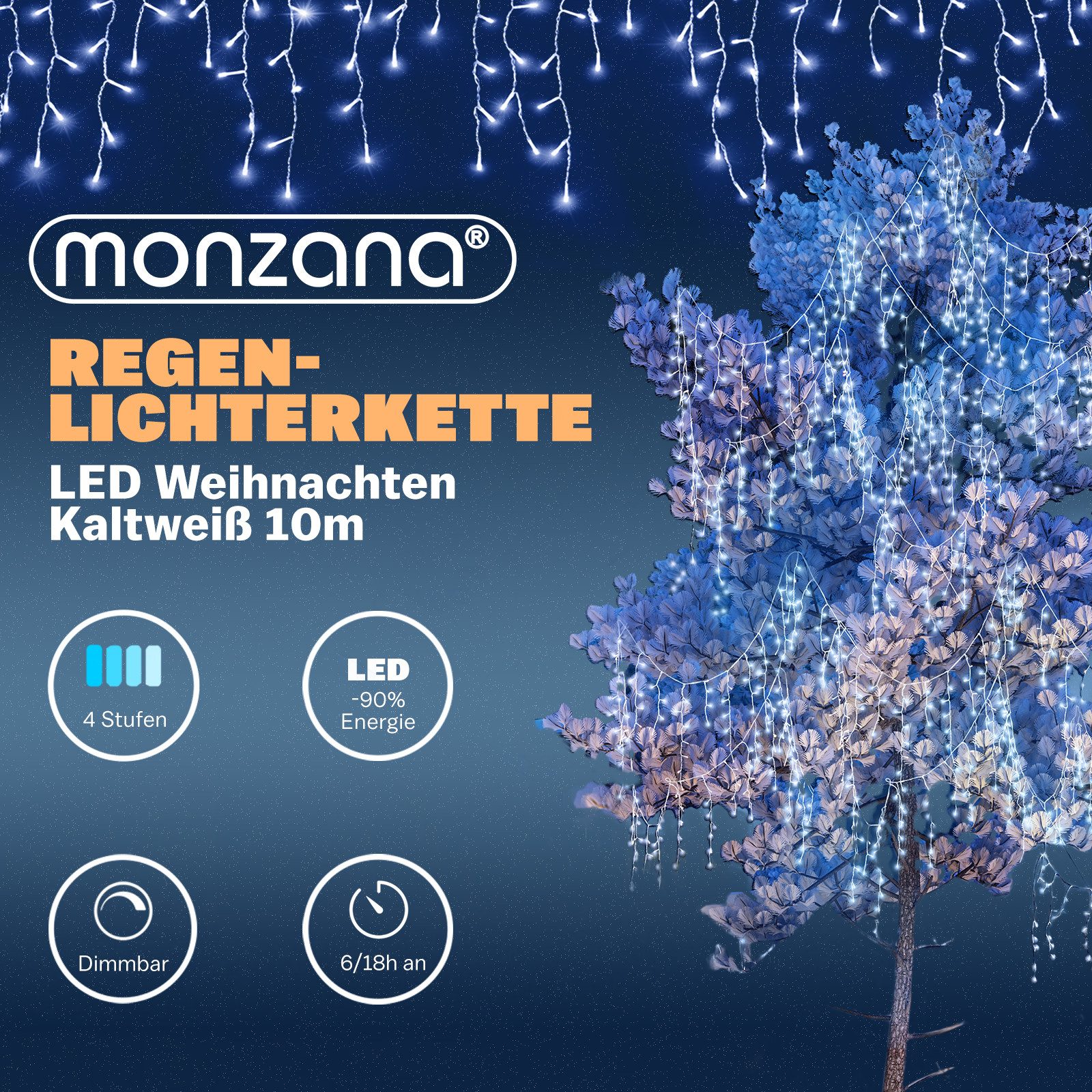 monzana Lichterkette, Regenlichterkette Fernbedienung 10m 200 LED kaltweiß IP44