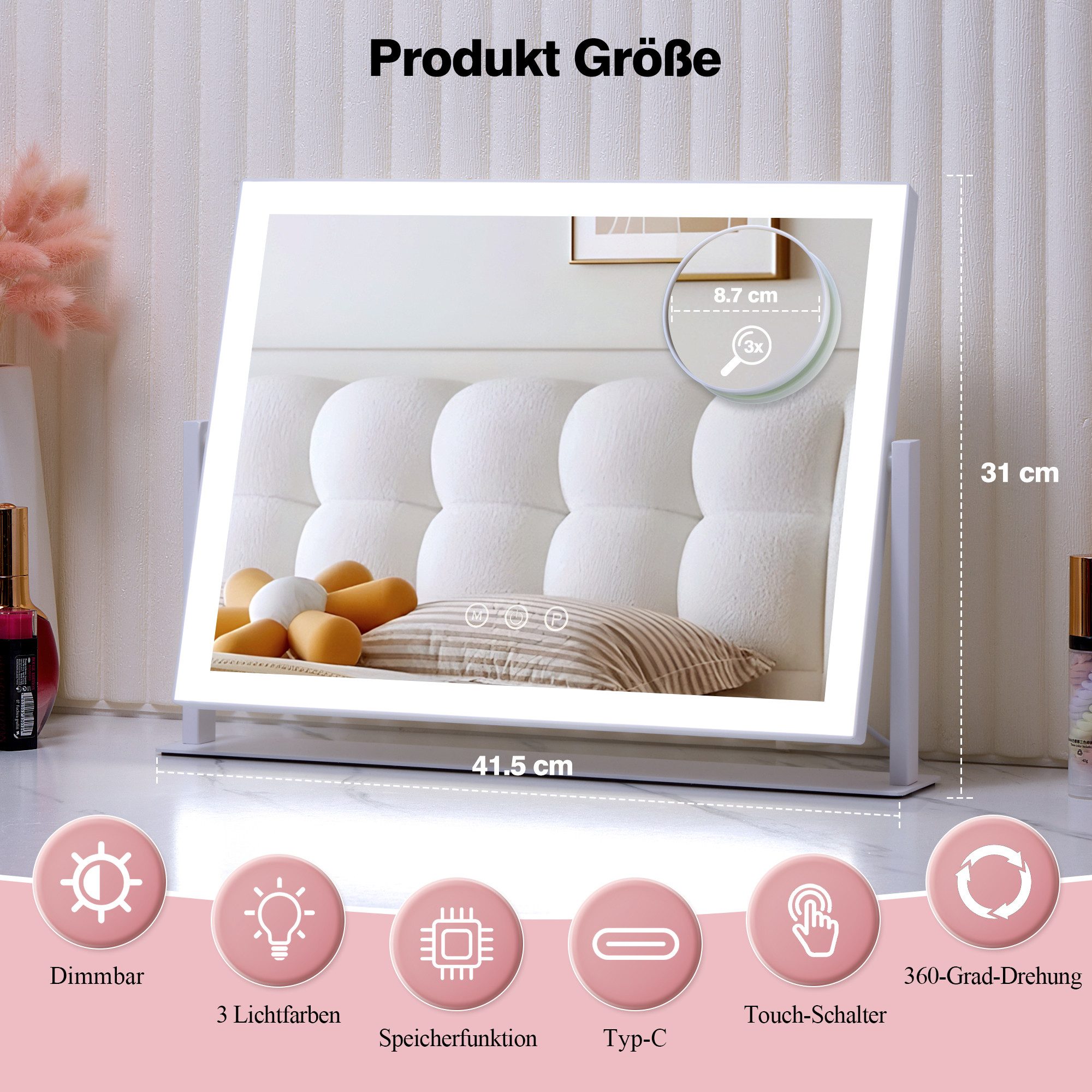 GIMBELEN Schminkspiegel mit Beleuchtung 42x31 cm Schminkspiegel (1-St), 3 Farbtemperaturen, Dimmer, 360° Drehung, Touch, USB-C, 3X Zoom – Bild 2 von 5