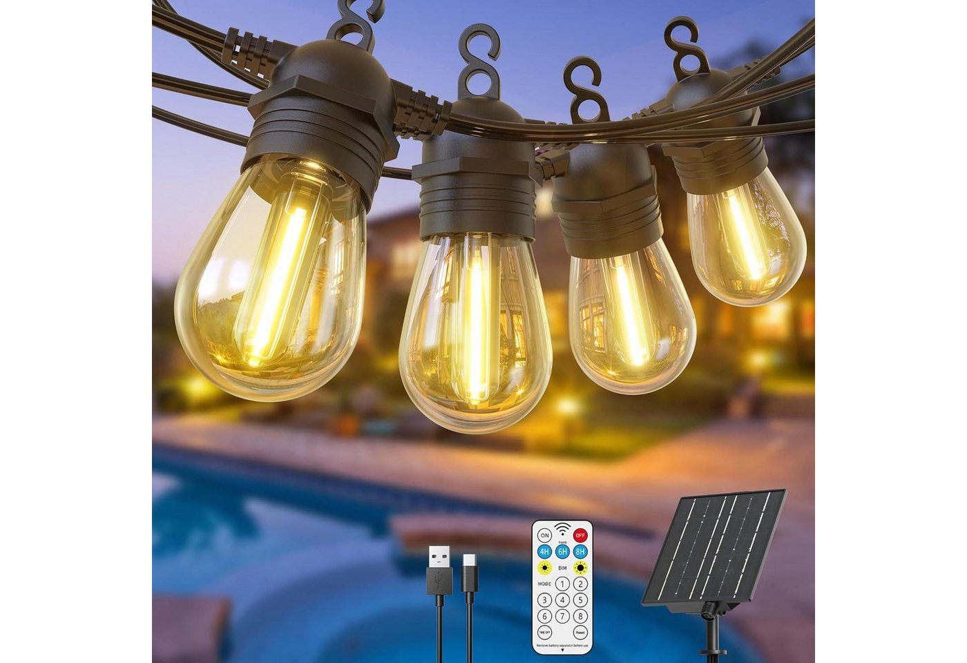 Quntis Lichterkette solarlichterkette für draußen lichterkette outdoor, IP65 Fernbedienung, Solarleuchte Lichterkette für Balkon/ Garten/ Camping, Dimmbar Timer