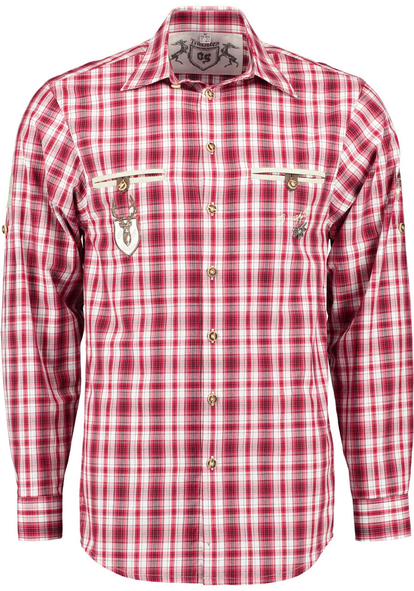 OS-Trachten Trachtenhemd Otazon Langarmhemd mit verschiedenen Stickereien und Zierteilen hochrot