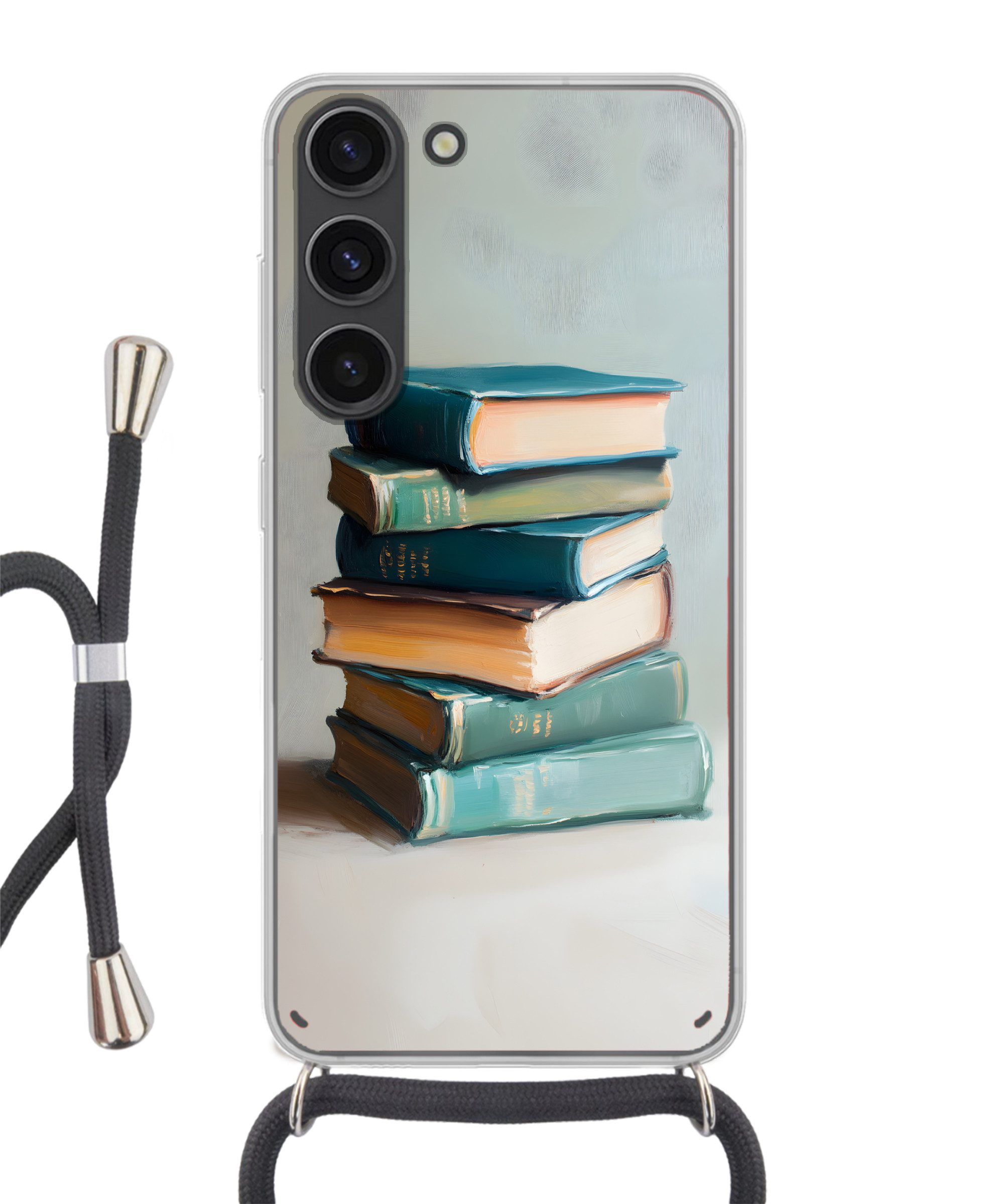 MuchoWow Handyhülle für Samsung Galaxy S23 Stapel - Bücher - Grün - Tageslicht, Tragbare Handyhüllen mit Kette zum umhängen, Handykette Handyband