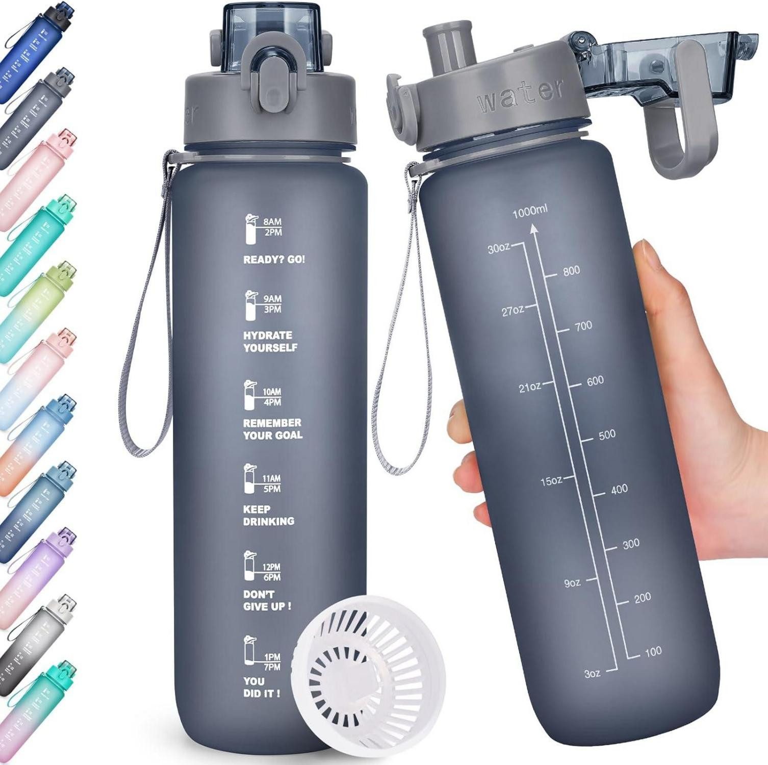 Becher Sport Trinkflasche 1l BPA-frei Auslaufsicher Zeitmarkierung Fitness