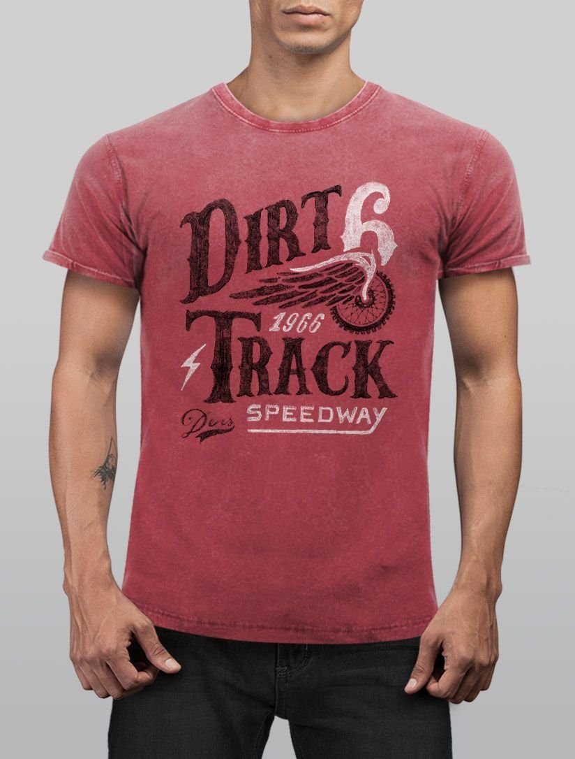 Look Neverless Print rot Aufdruck Print-Shirt Angesagtes Vintage Used Cooles Shirt Fit Track T-Shirt Herren Neverless® mit Racing Slim Dirt
