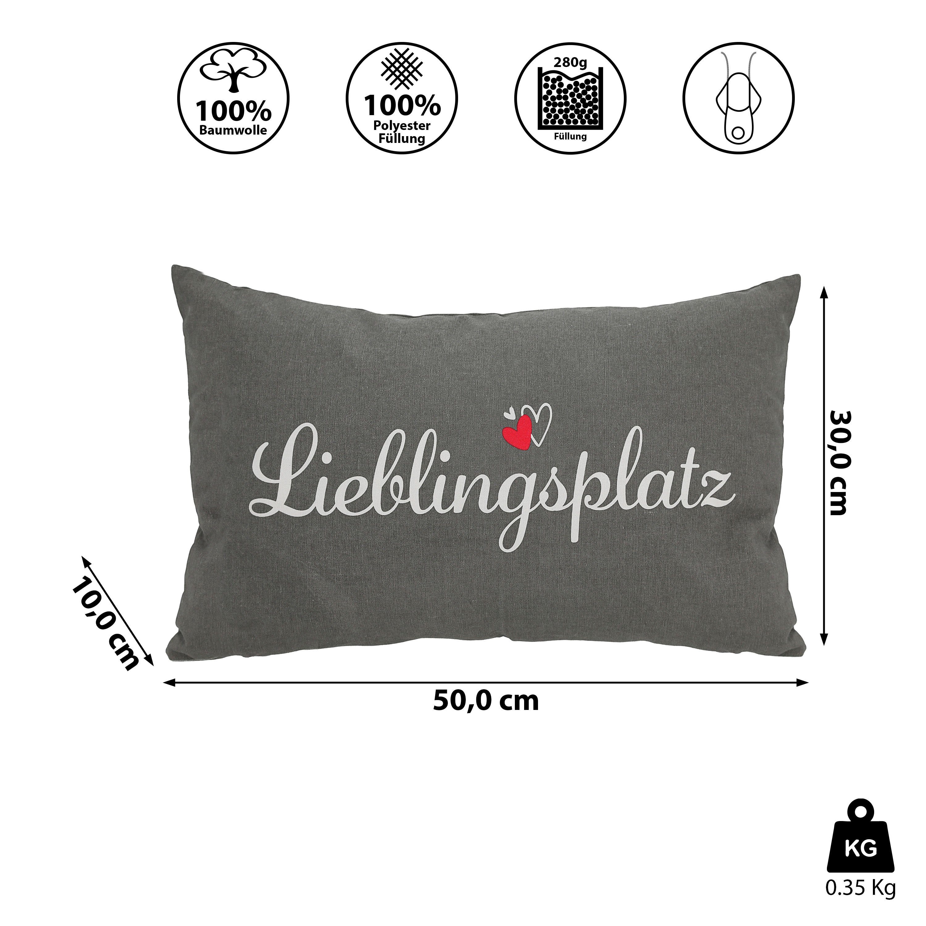 CEPEWA Dekokissen Sofakissen Lieblingsplatz grau 50x30cm Baumwolle 280g Reißverschluss – Bild 2 von 4