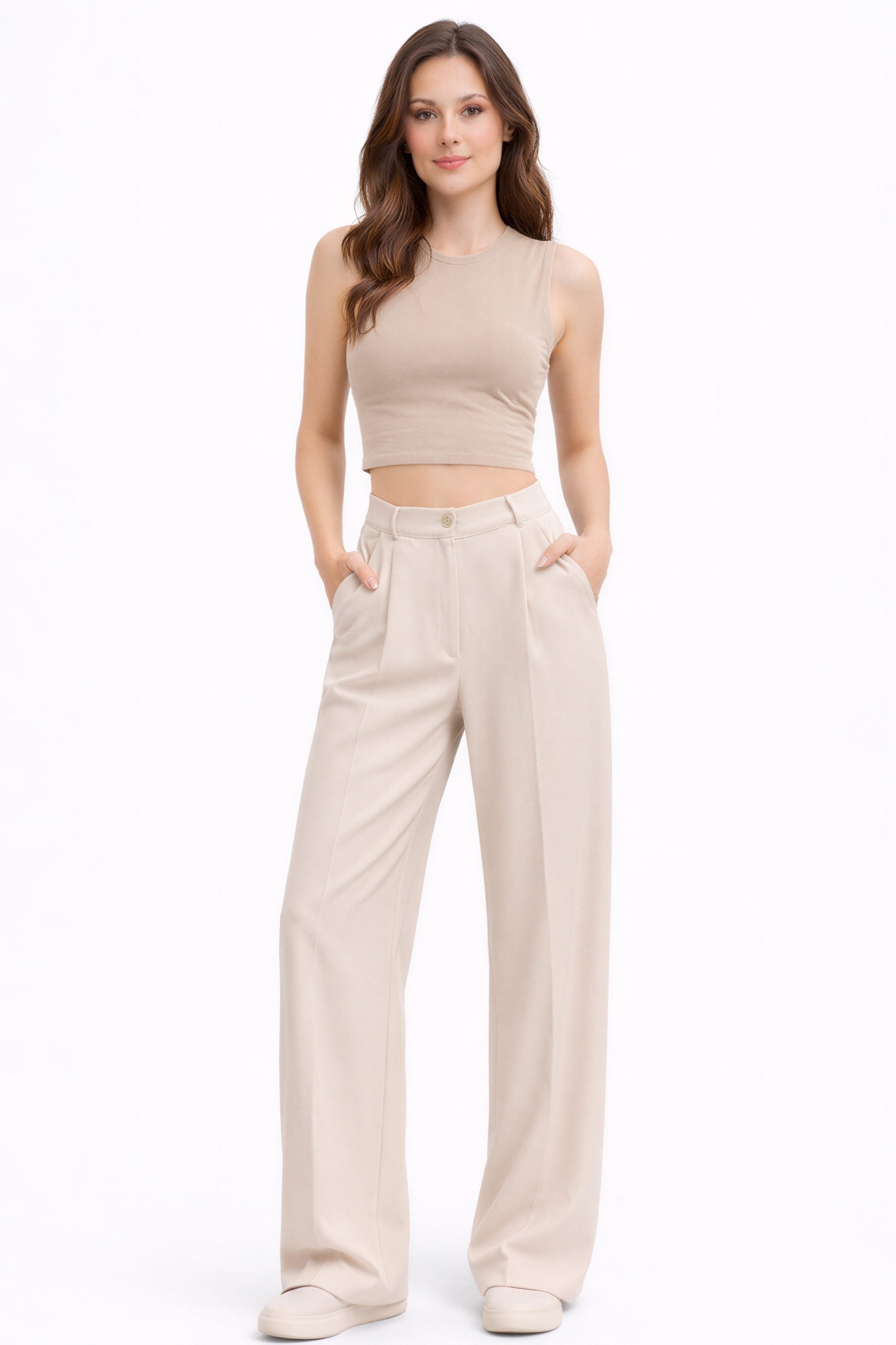fashionshowcase Palazzohose Damen Stoffhose mit hohem Bund - Elegante Marlene-Hose Extra lange Beine & weites Design