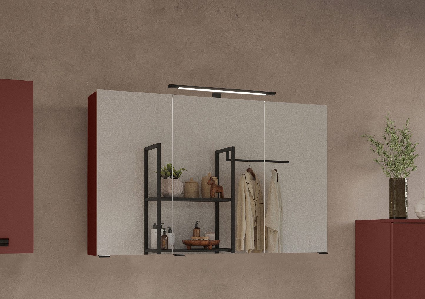 welltime Spiegelschrank SALVADA, 3D-Spiegelschrank 100 cm, gedämpfte Scharniere, LED-Lampe Rot, Front und Korpus aus hochwertigen MDF, Anti-Finger-Print