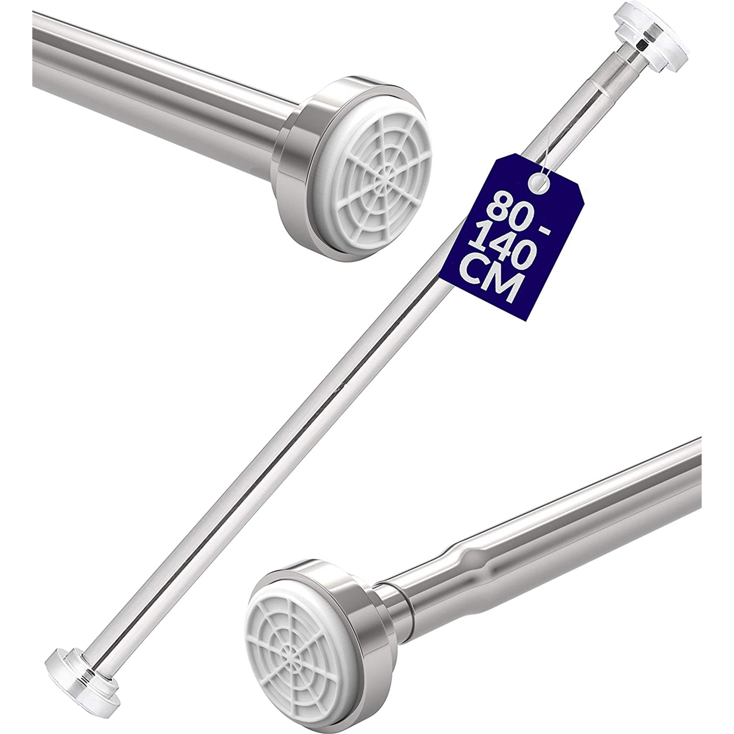 Praknu Duschvorhangstange Duschvorhangstange ohne Bohren - Ausziehbar 80 bis 140cm, Ø 2 mm, 10-läufig, ausziehbar, Spannung Montage, Drehsystem, Edelstahl, 80 bis 140cm Ausziehbar - Sicherer Halt - Edelstahl Duschstange