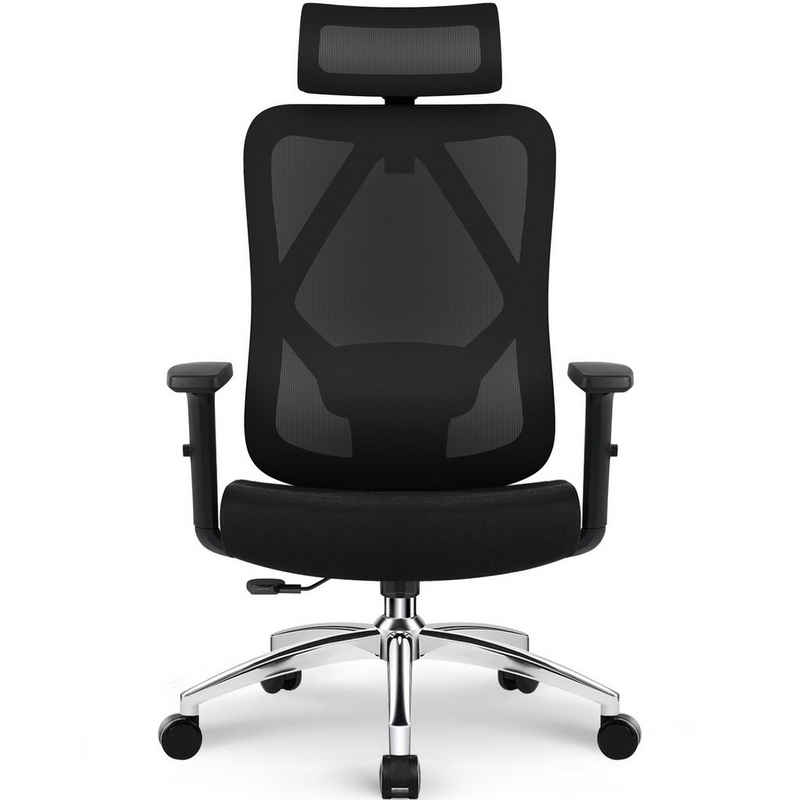 Lexzurn Chefsessel Bürostuhl mit verstellbare Armlehne und Lendenwirbelstütze (Hautfreundliche Netz-Hochlehne, Schreibtischstuhl bis 150kg Belastbar)