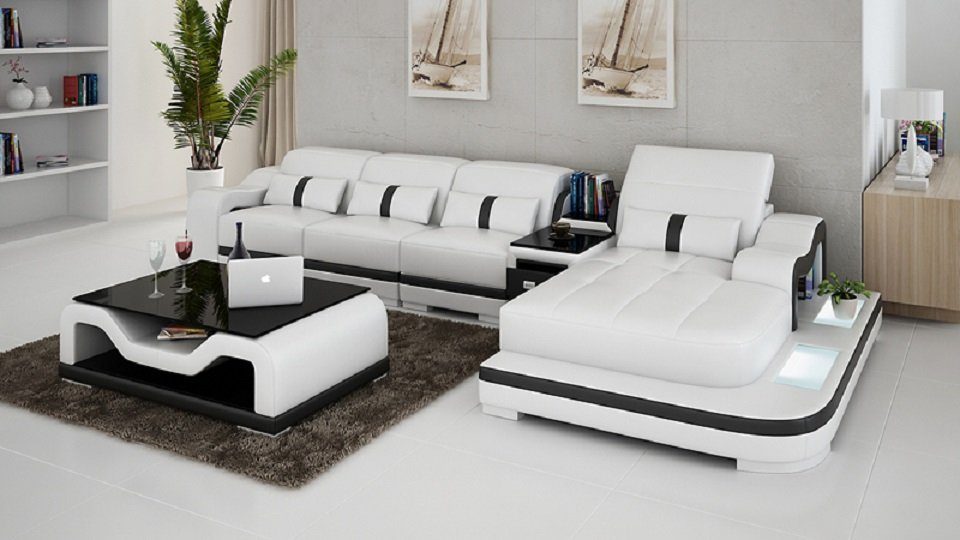 Polster Ecksofa Weiß/Schwarz Stoff Couch Leder Design Bettfunktion JVmoebel Textil Ecksofa, LForm