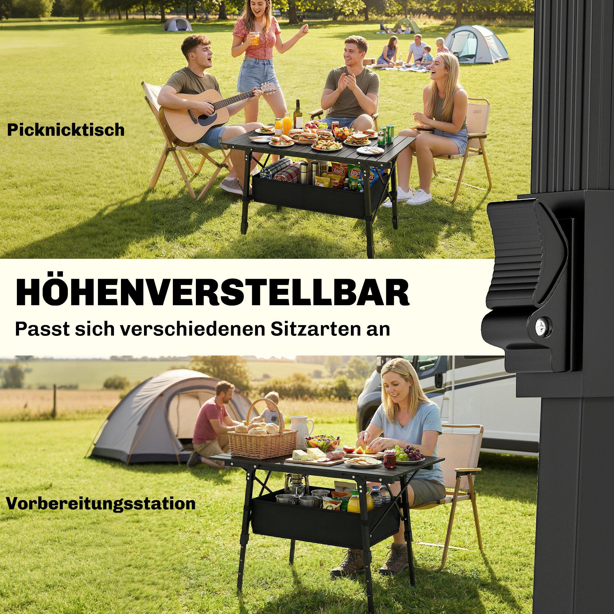 furnicato Campingtisch mit Aufbewahrungskorb, höhenverstellbar, faltb (1-St), Stabiler Outdoor-Tisch mit Oxford-Stoffkorb und inkl. Tragetasche