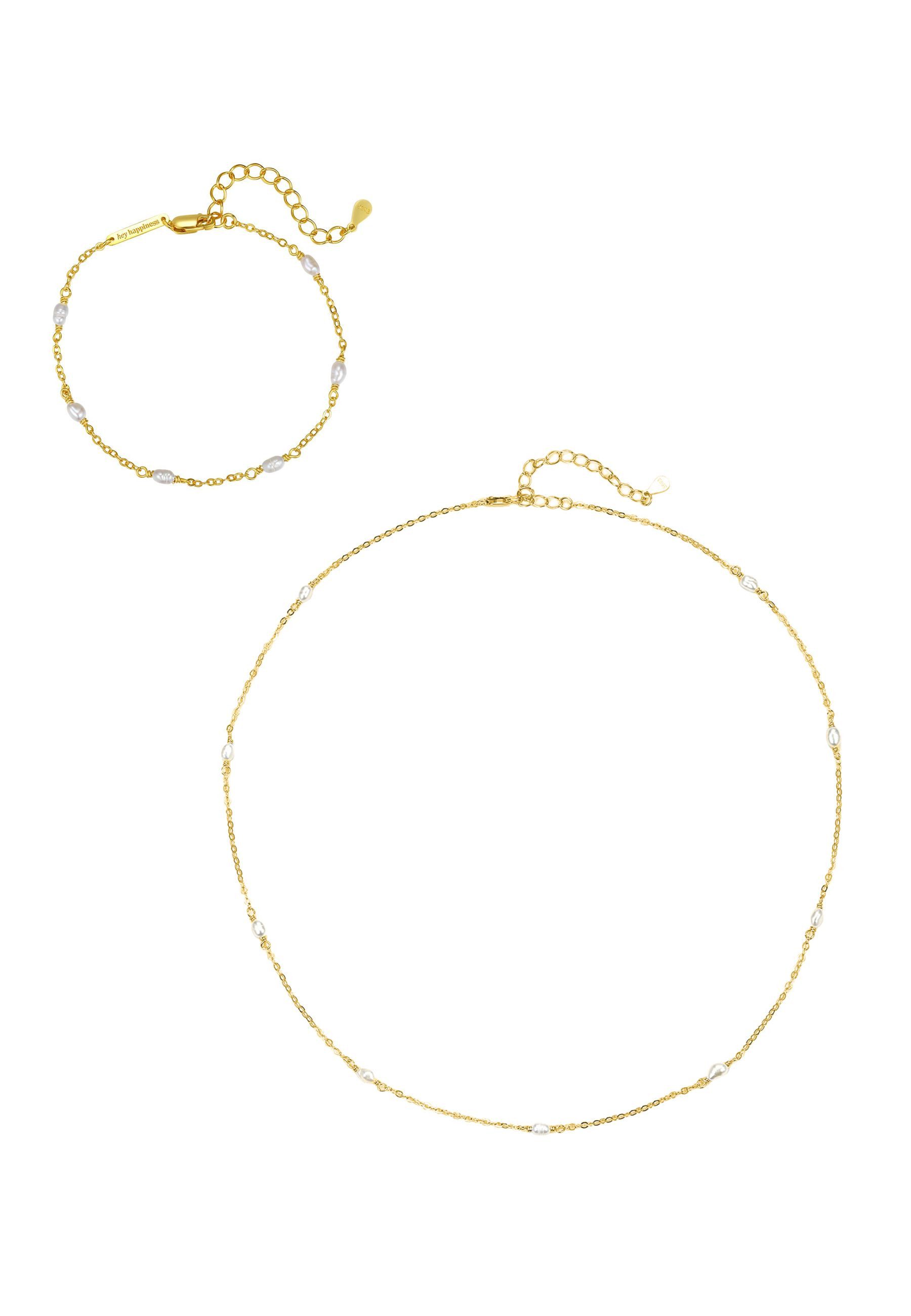 Hey Happiness Ketten und Armband Set Perlenzauber, Elegantes 2er Schmuckset 925 Silber, Zarte Perlenkette & Armband mit Perlen für Damen, mit Süßwasserperlen