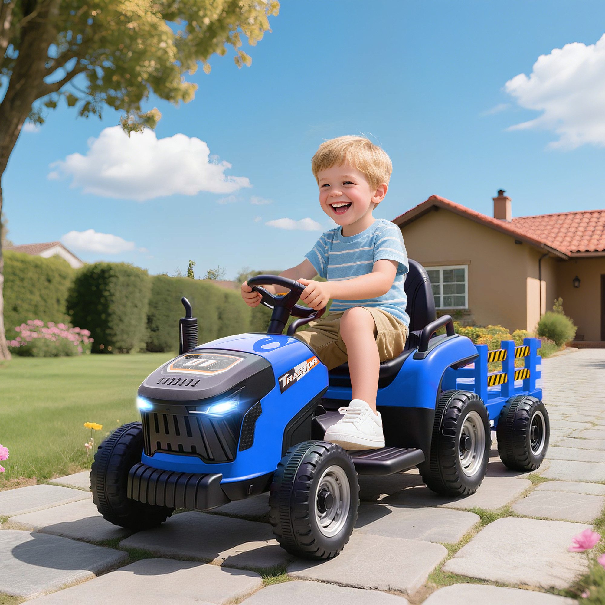 AIYAPLAY Elektro-Kindertraktor Elektrischer Traktor, Belastbarkeit 30 kg, (1-tlg), Soft-Start-Funktion, für Kinder im Alter von 3-8 Jahren, Blau