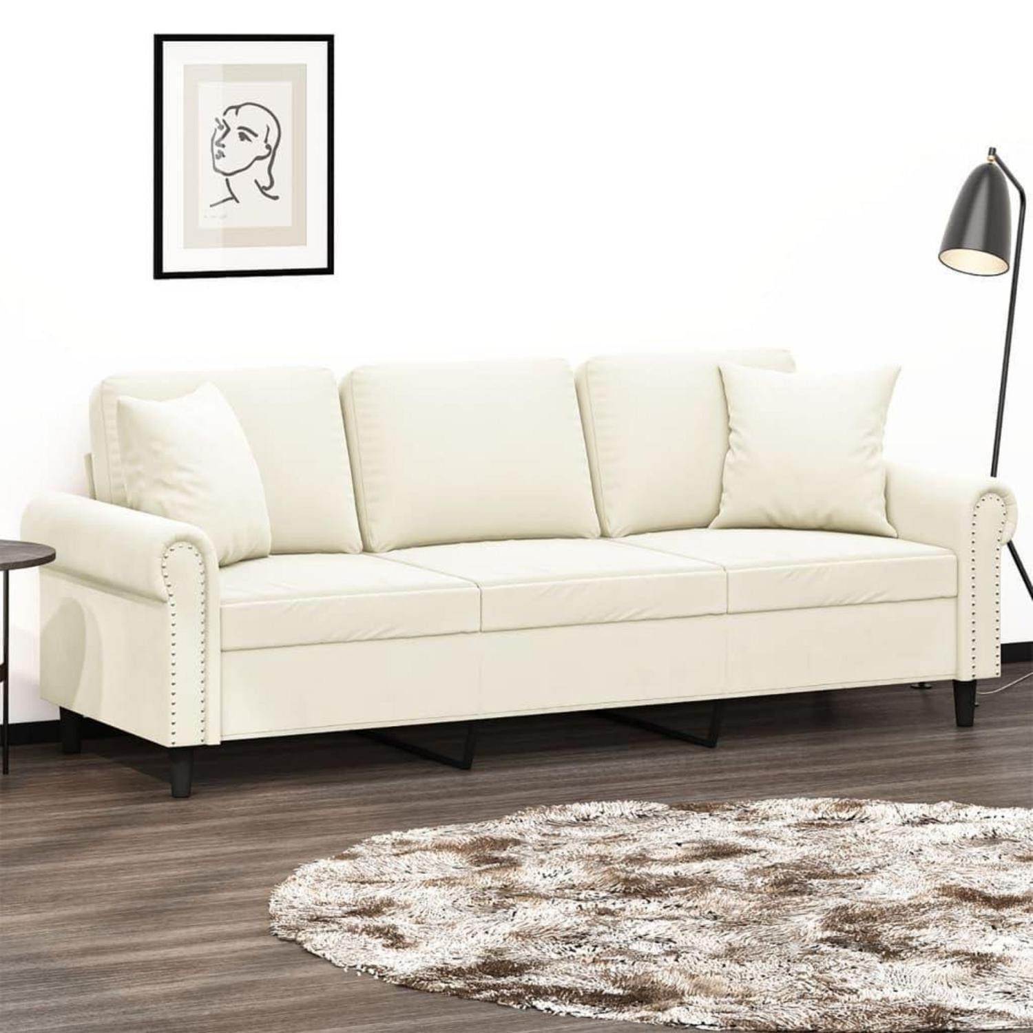 LuxusKollektion 3-Sitzer Sofa 3 Sitzer Armlehne Samt Zierkissen 212 x 77 x 80 cm Creme