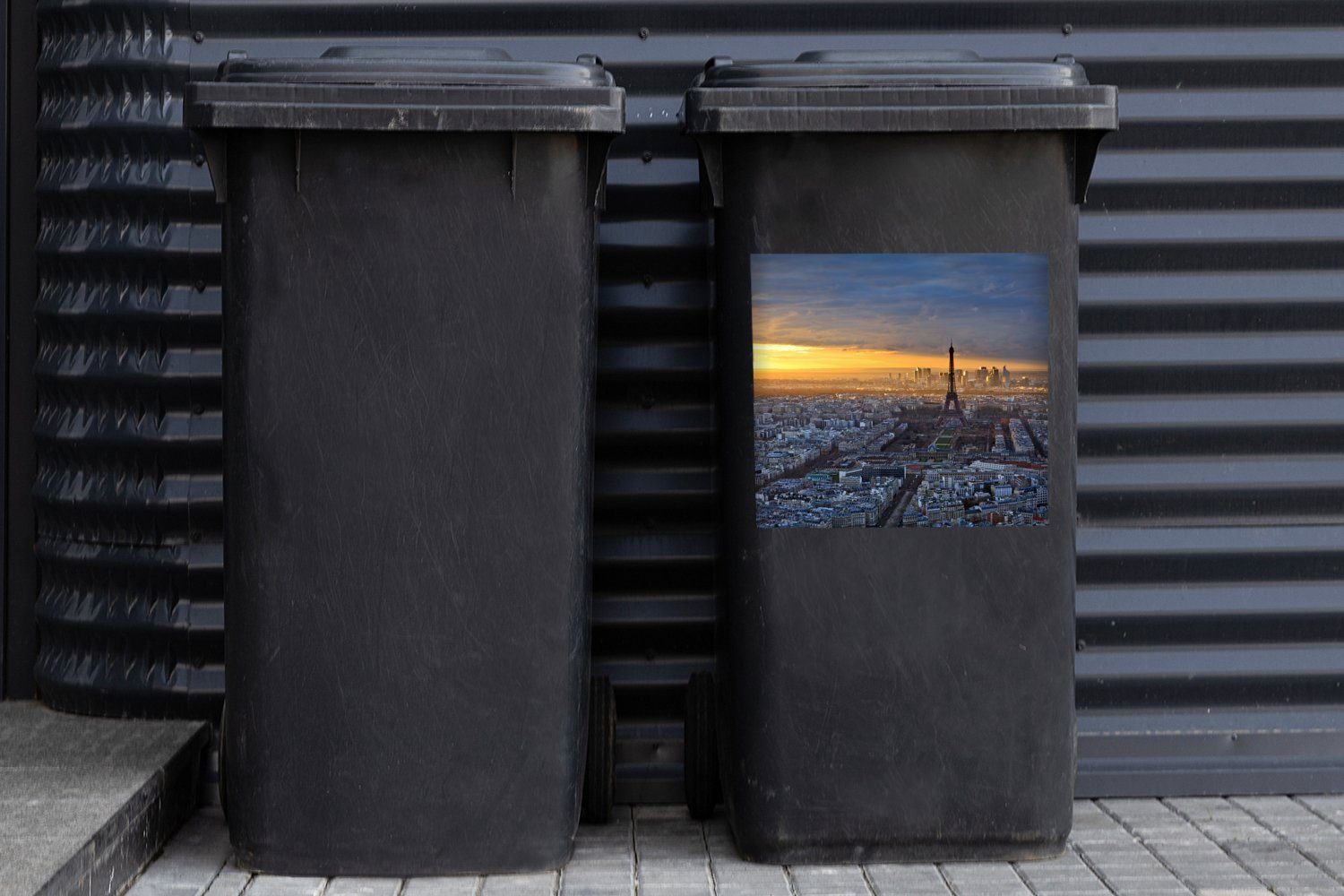 Wandsticker Mülltonne, St), Skyline Paris Sticker, Sonne Mülleimer-aufkleber, - Abfalbehälter Container, MuchoWow - (1