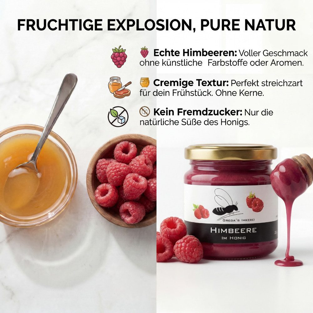Grega´s Imkerei Honig Himbeere im Honig 250g, 1 x (Honig & mehr direkt vom Imker), Cremige Frucht Honig-Spezialität mit nur zwei natürlichen Zutaten – Bild 2 von 5