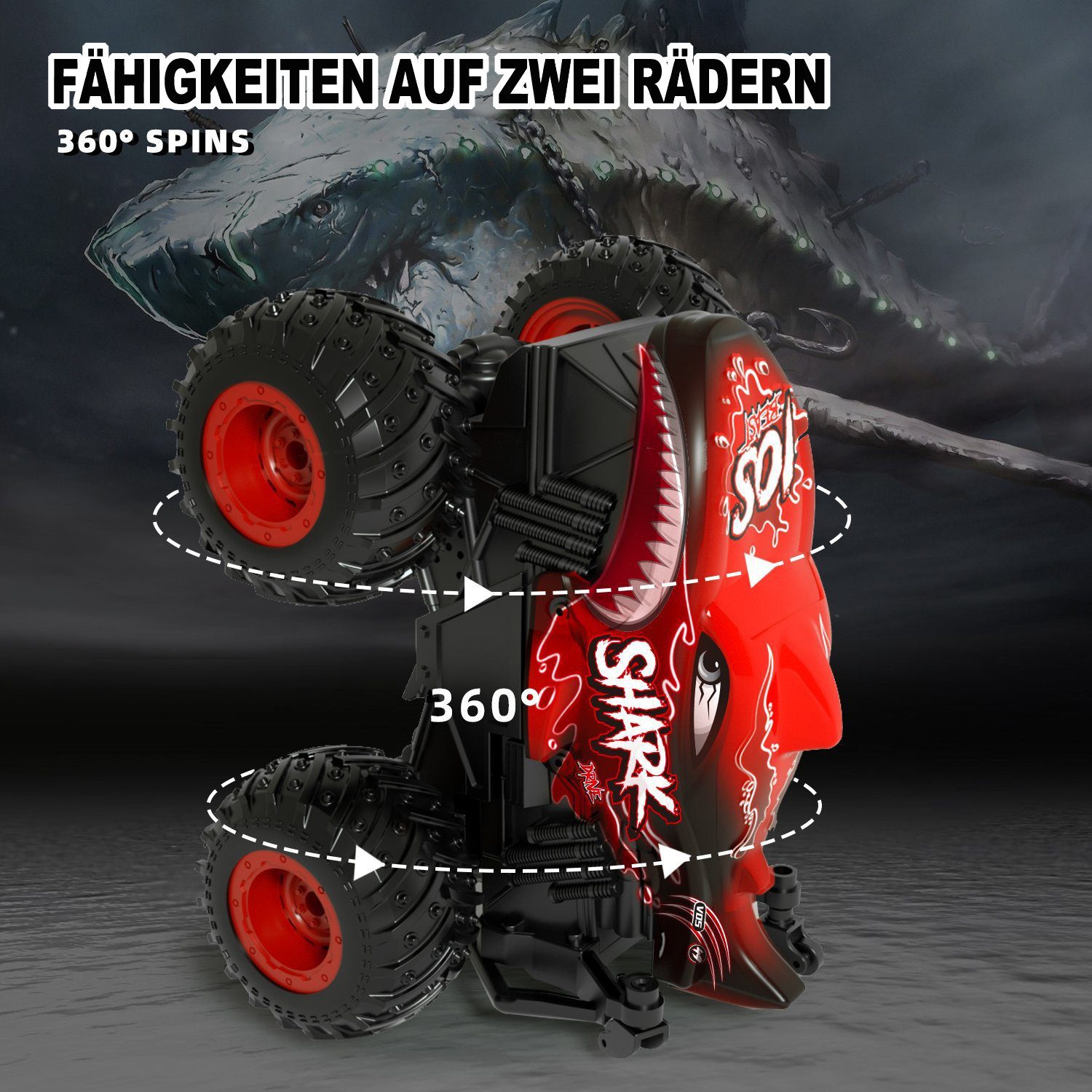 Esun RC-Auto Ferngesteuertes Auto, 2,4GHz20km/h RC Monstertruck mit Aufrecht Gehen (Packung, Komplettset), Ferngesteuerter Monster Truck, 360°Drehung, LED-Licht und Musi