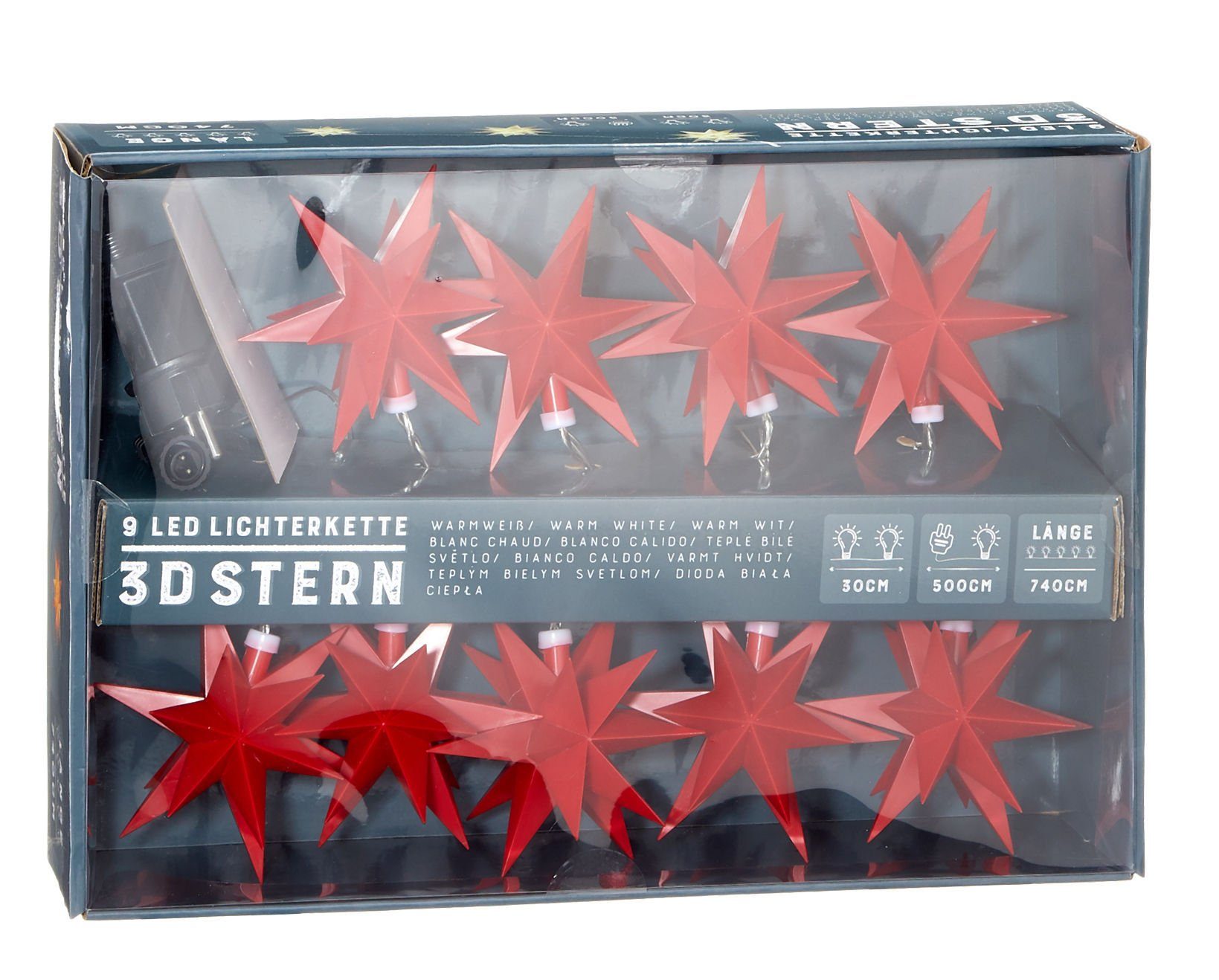 Spetebo LED-Girlande 3D Stern Lichterkette mit 9 LED - Sterne in rot, für den Außenbereich geeignet
