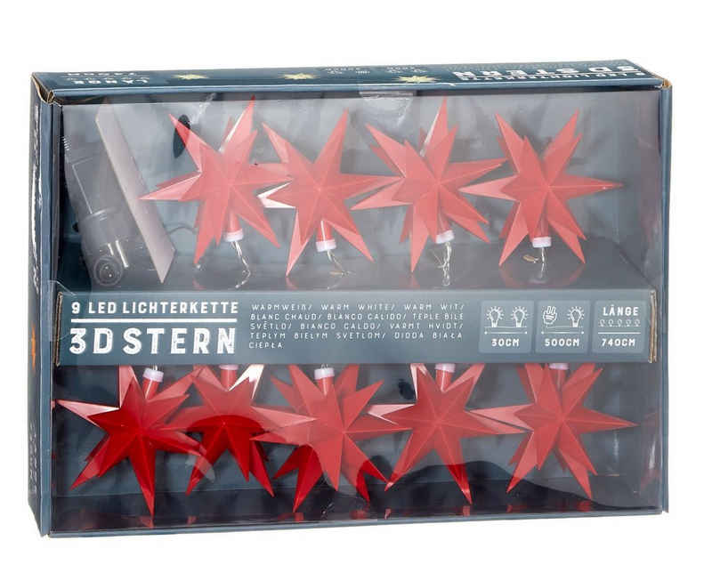 Spetebo LED-Girlande 3D Stern Lichterkette mit 9 LED - Sterne in rot, 9-flammig, für den Außenbereich geeignet