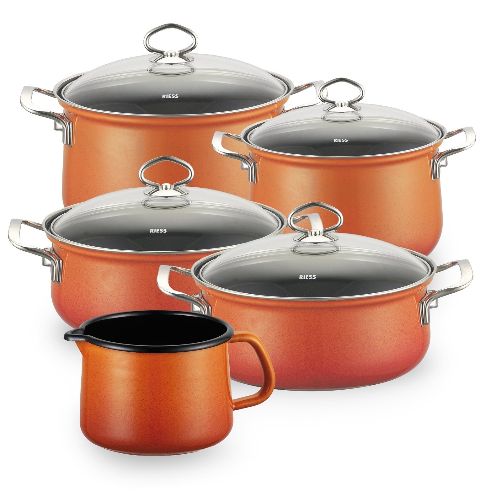 Riess Topf-Set Topfset Familienset 5-teilig CORALL, Emaille (Sparpaket, 5-tlg., 1 Topfset), Fleischtopf Kasserolle Schnabeltopf. € 291,19