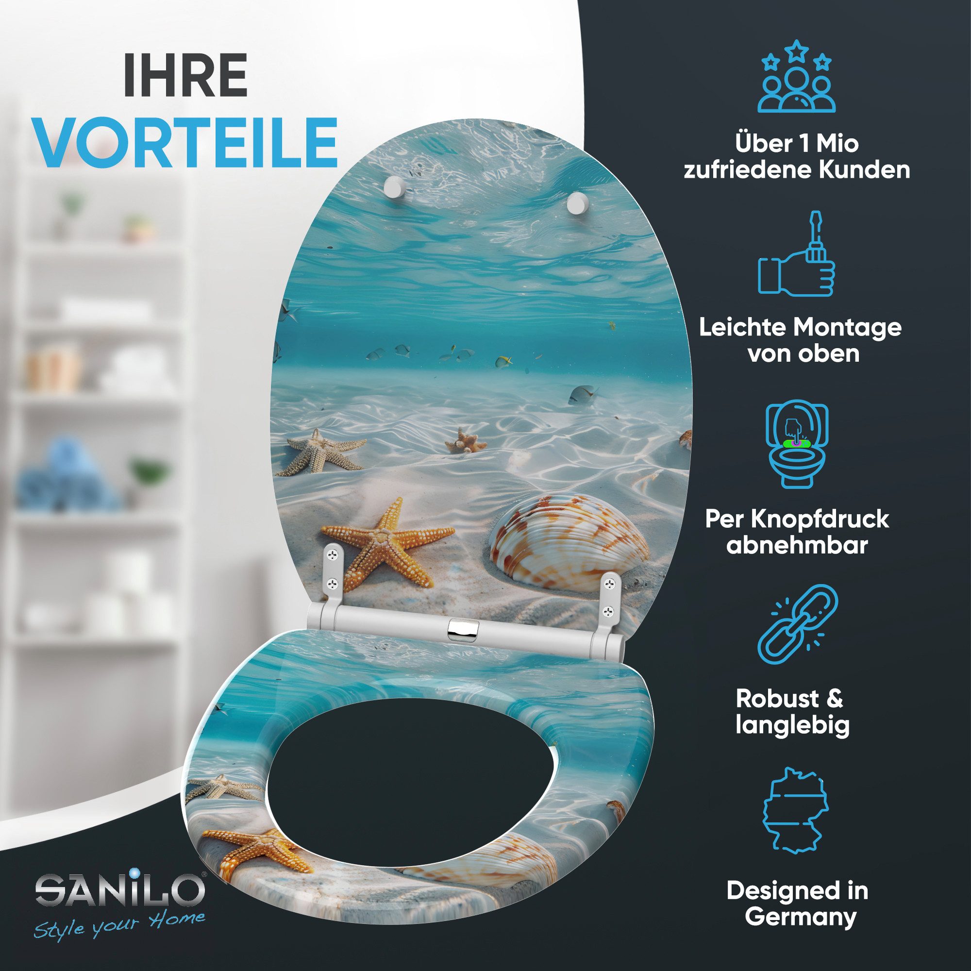 Sanilo WC-Sitz Waterworld mit Absenkautomatik & Quick Release, hochwertig, abnehmbar, leichte Montage von oben, mit Schraubenzieher