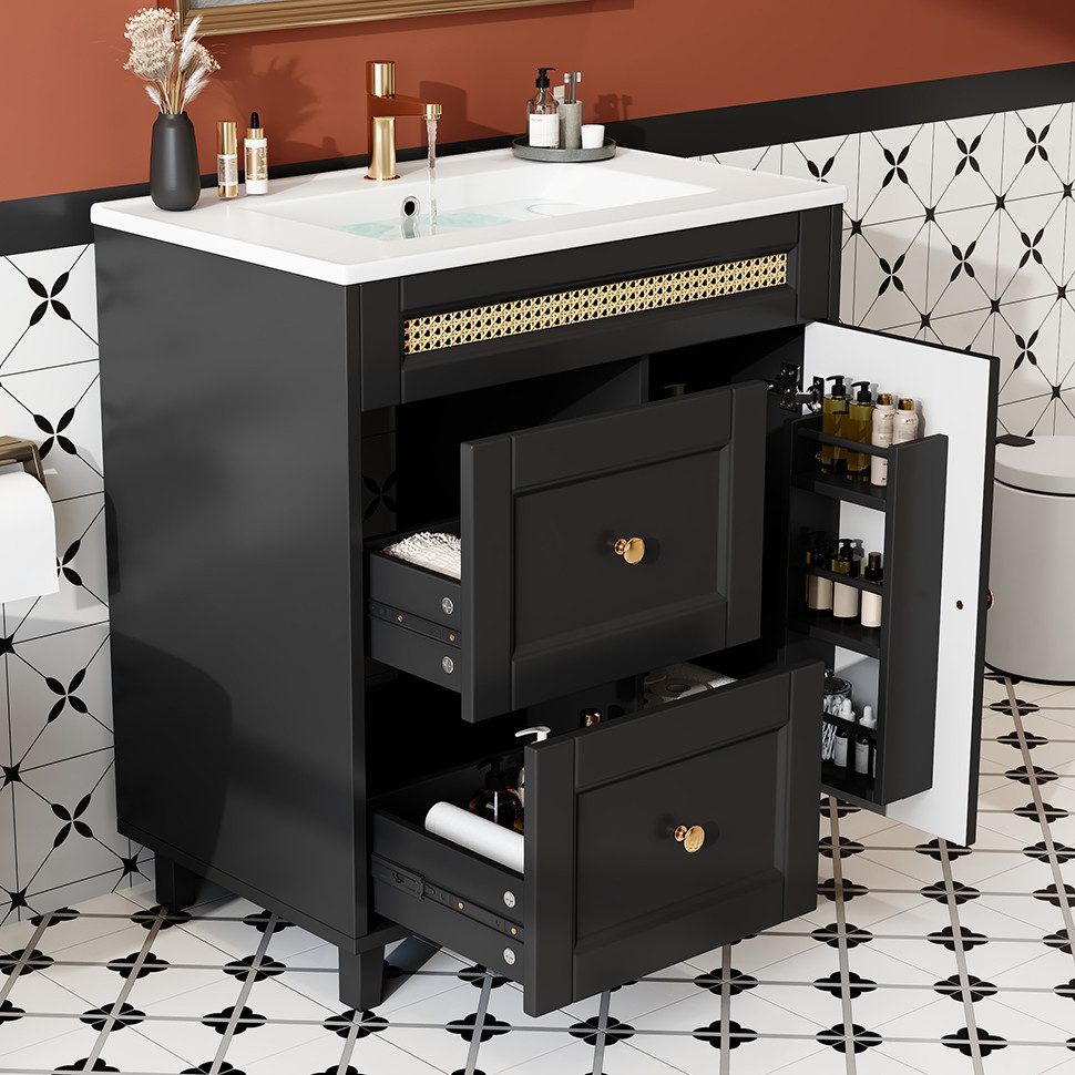 STILVORA Waschtisch Badezimmerwaschtisch mit Soft-Close-Funktion und Keramikwaschbecken (Badschrank mit geräuschlose Schubladenschienen, goldene Griffe und Rattanverzierungen), mit Einteiligen Keramik-Waschbecken
