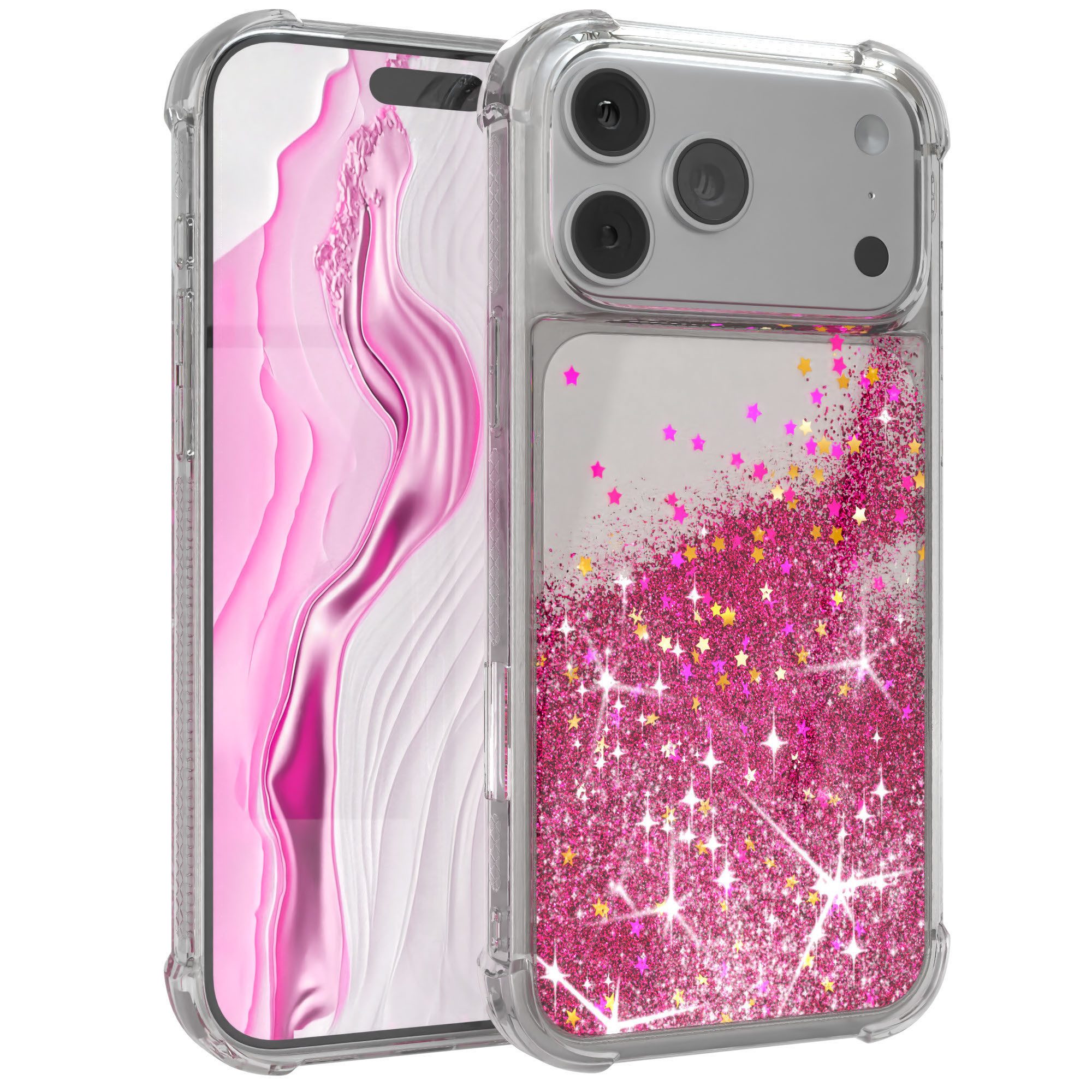 EAZY CASE Handyhülle Liquid Glittery Case für Apple iPhone 17 Pro Max 6,9 Zoll, Glitzerhülle Shiny Slimcover stoßfest Durchsichtig Bumper Case Pink