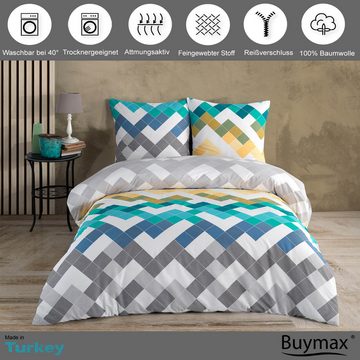 Bettwäsche, Buymax, 100% Baumwolle Renforcé, 3 teilig, 200x220 cm mit Reißverschluss, Bettbezug-Set, gestreift Gelb Grau Blau