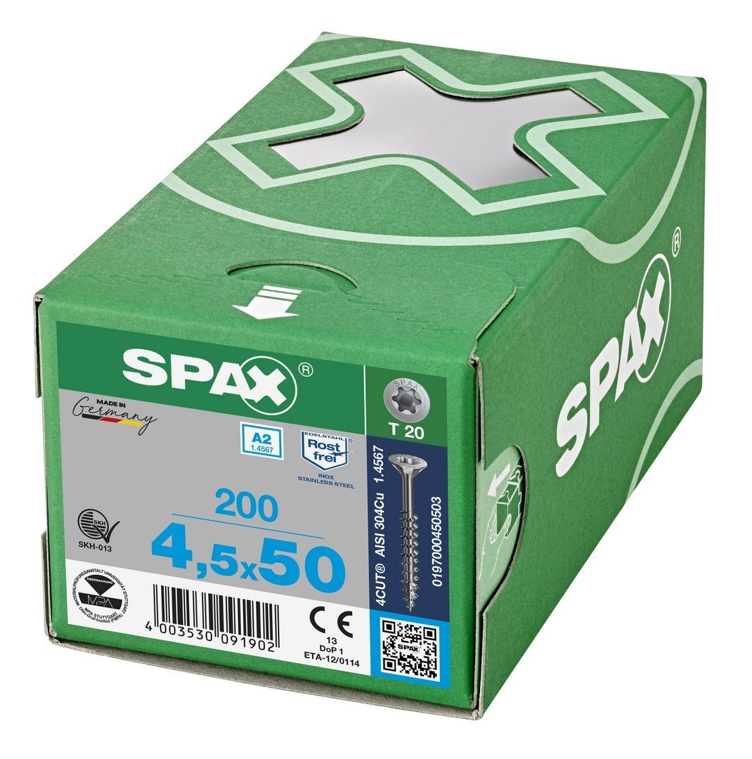 mm Spanplattenschraube 4,5x50 200 Edelstahlschraube, St), SPAX (Edelstahl A2,