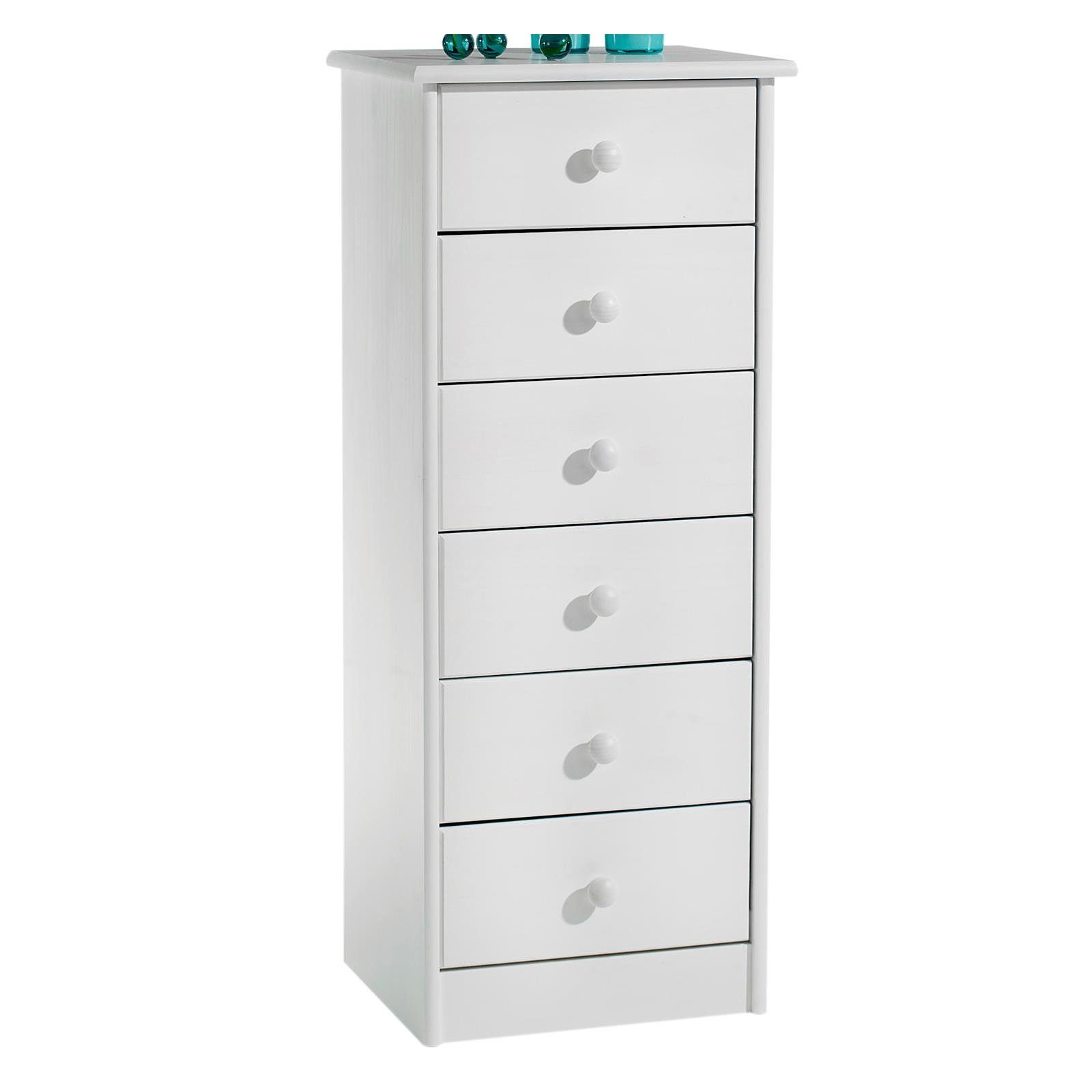 IDIMEX Kommode RONDO, Kommode Hochschrank Anrichte mit 6 Schubladen Kiefer massiv weiss lack