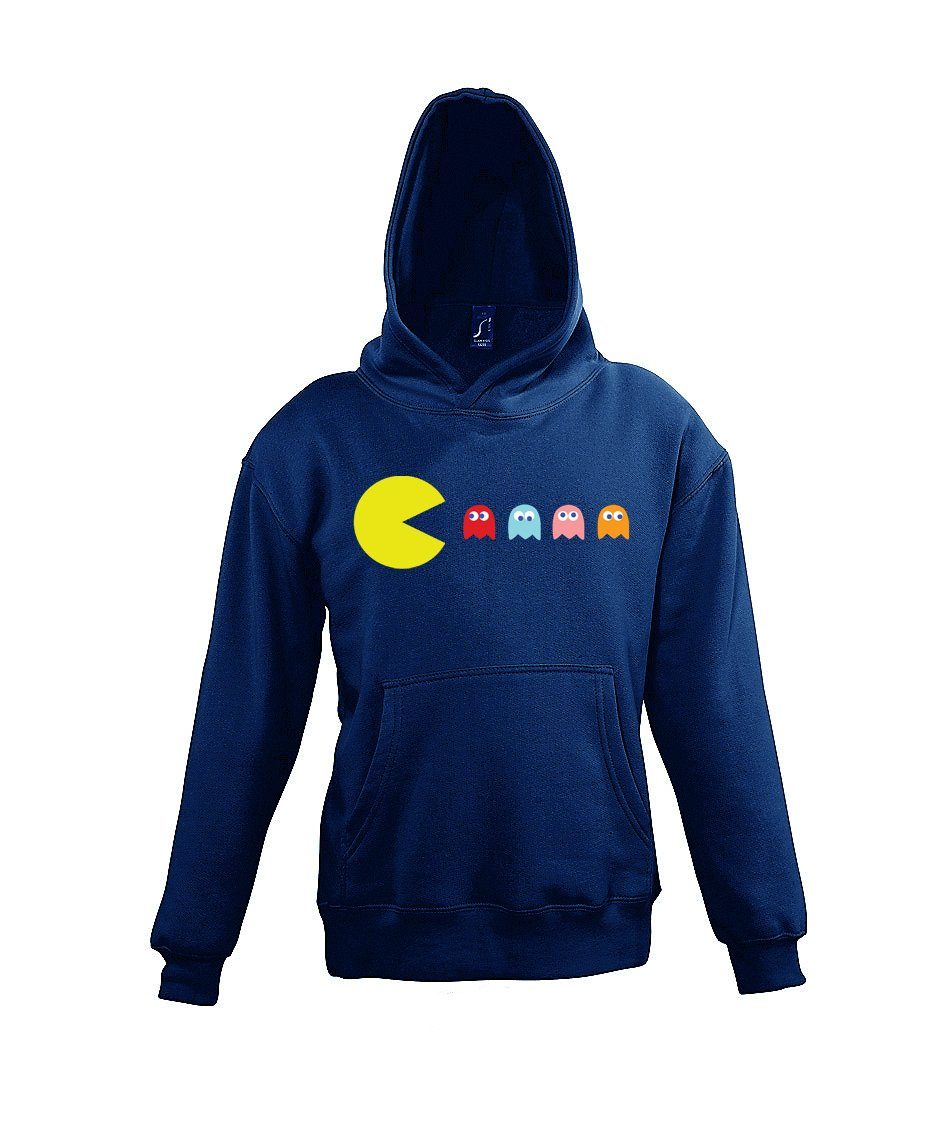 Kapuzenpullover Hoodie mit Youth Kinder Frontprint Pacman Navyblau Designz lustigem Pullover