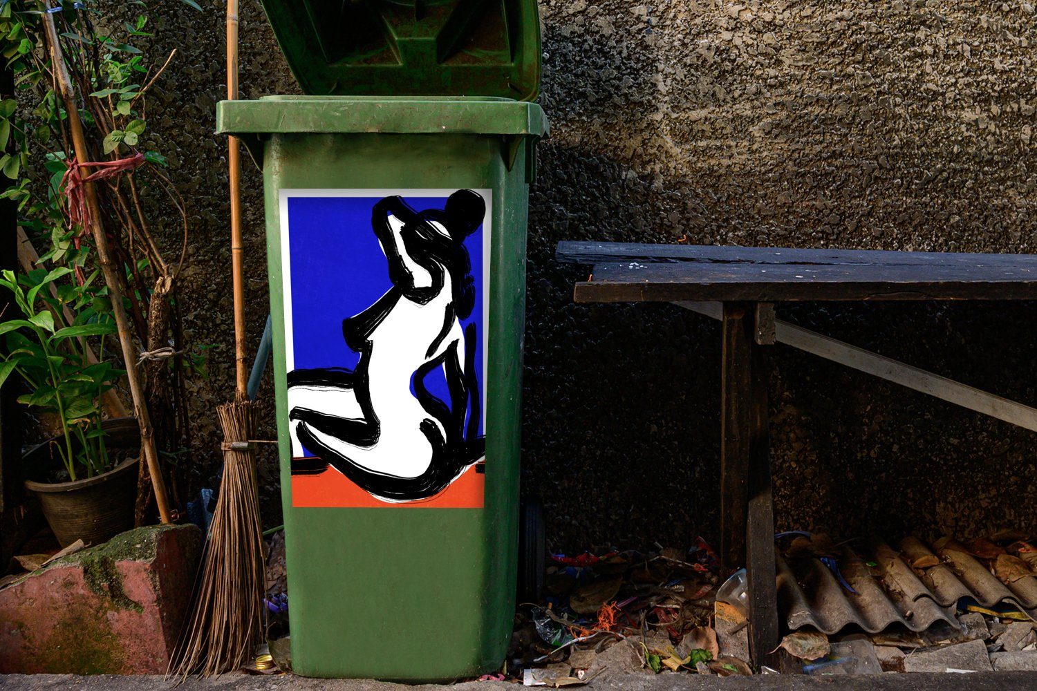 MuchoWow Wandsticker Porträt - Abfalbehälter Mülltonne, (1 Rot - St), Mülleimer-aufkleber, Container, Frau - - Blau Abstrakt Sticker