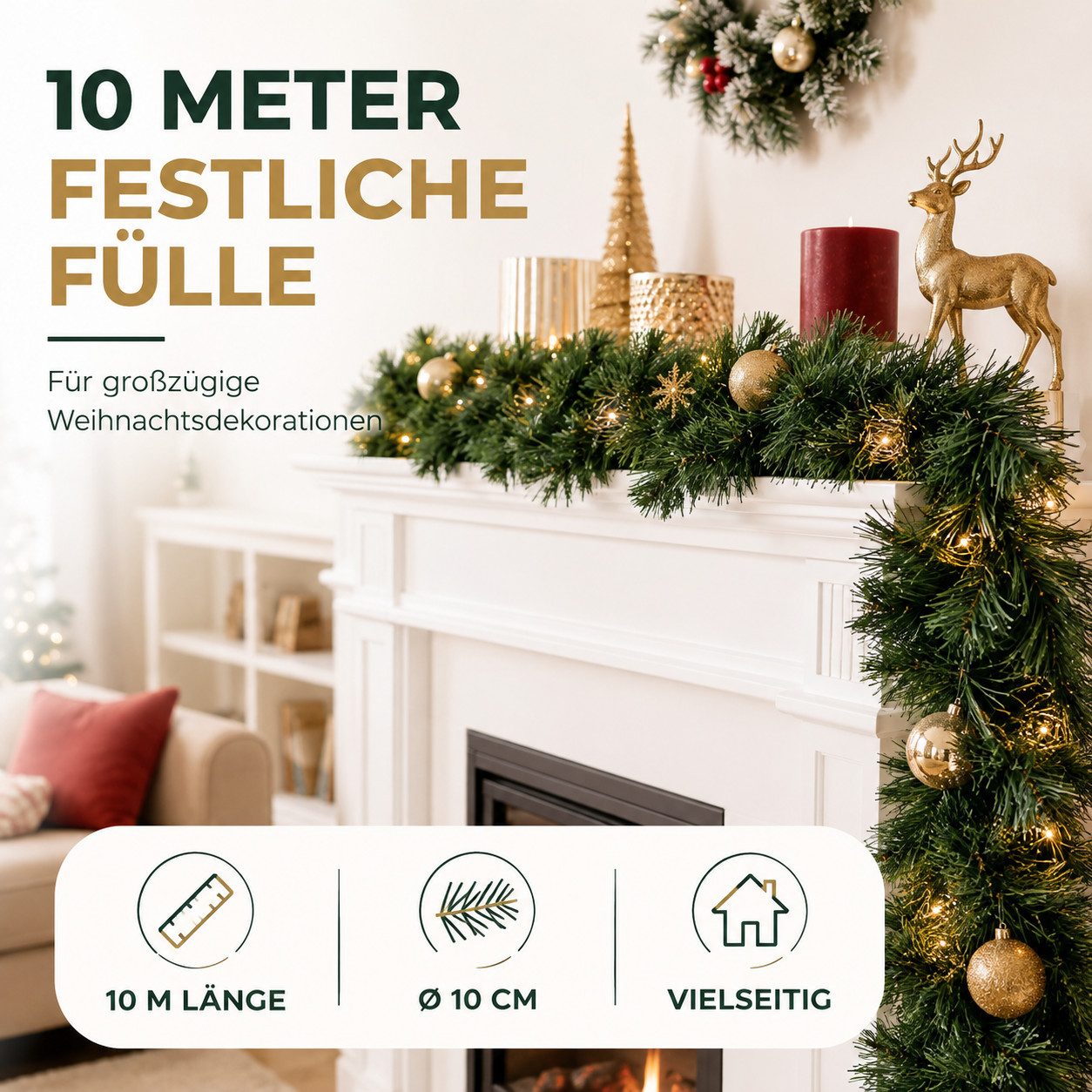Kunstgirlande Weihnachtsgirlande 10 Meter - Dekogirlande Weihnachten Deko, Weihnachtswunder®, Flexibel einsetzbar / Einfach zu formen