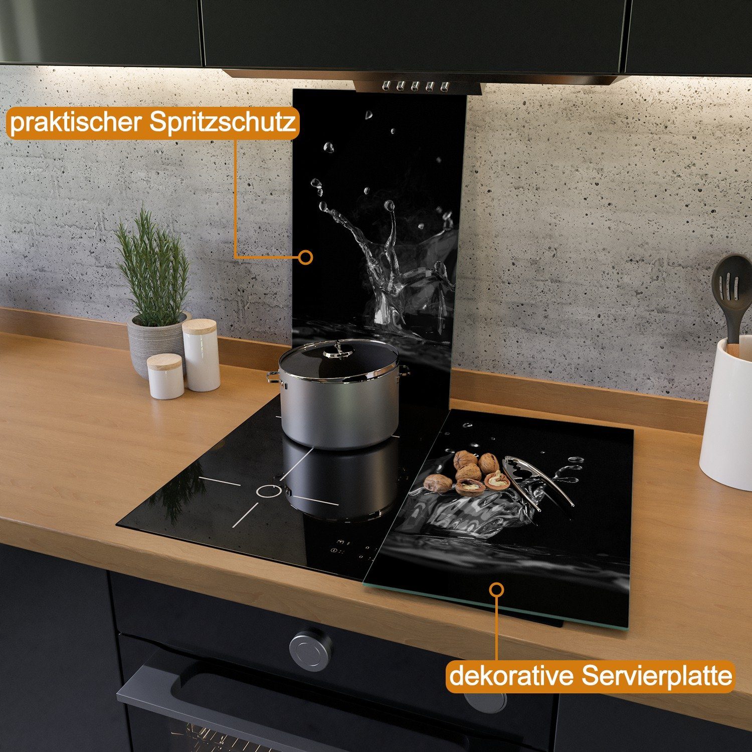 Wallario Herd-Abdeckplatte Aufspritzendes Wasser Schwarz-Weiß, ESG-Sicherheitsglas, (Glasplatte, 2 tlg., inkl. 5mm Noppen), verschiedene Größen