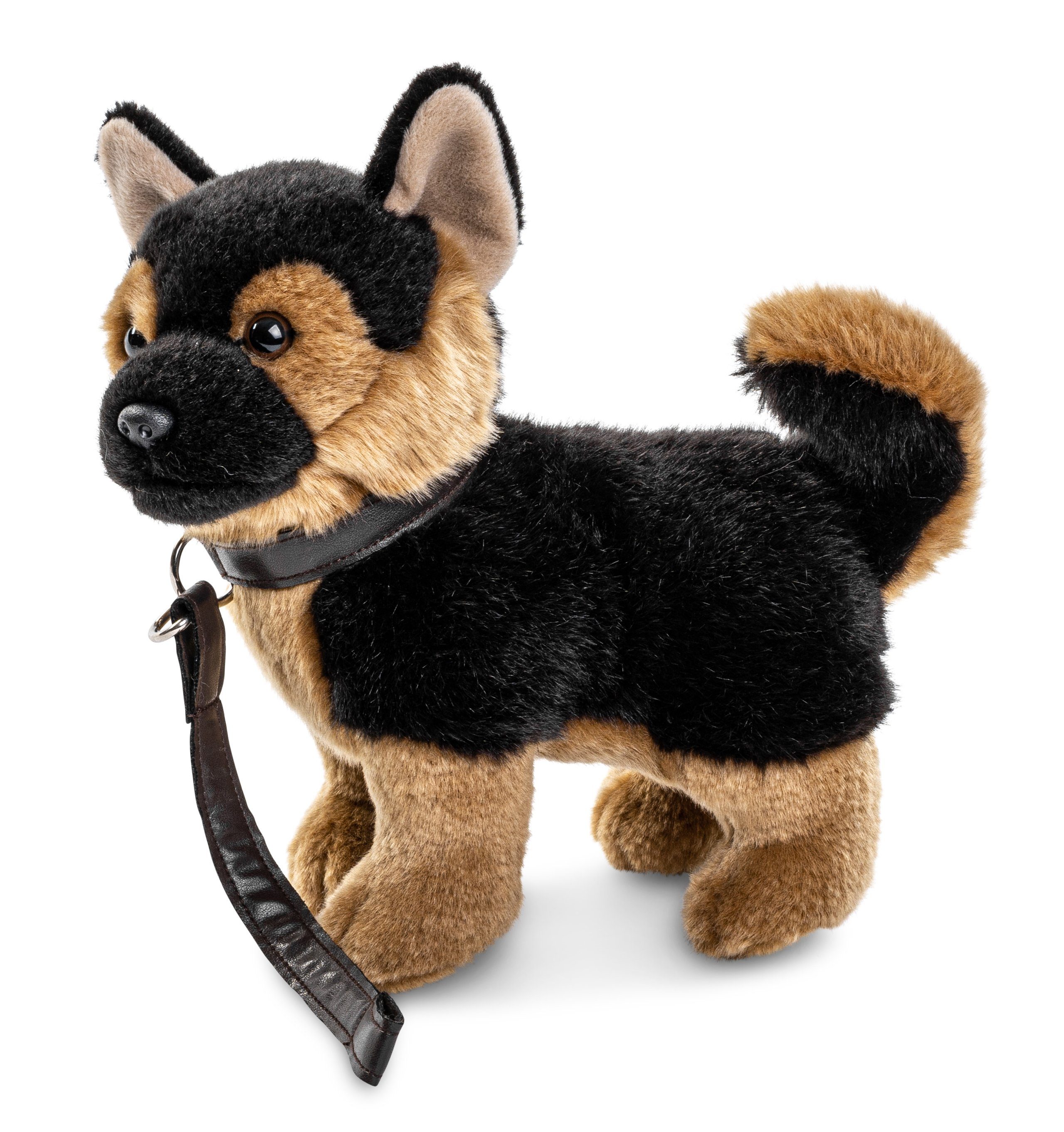 Uni-Toys Kuscheltier Dt. Schäferhund mit Leine, stehend - 27 cm - Plüsch-Hund - Plüschtier, zu 100 % recyceltes Füllmaterial