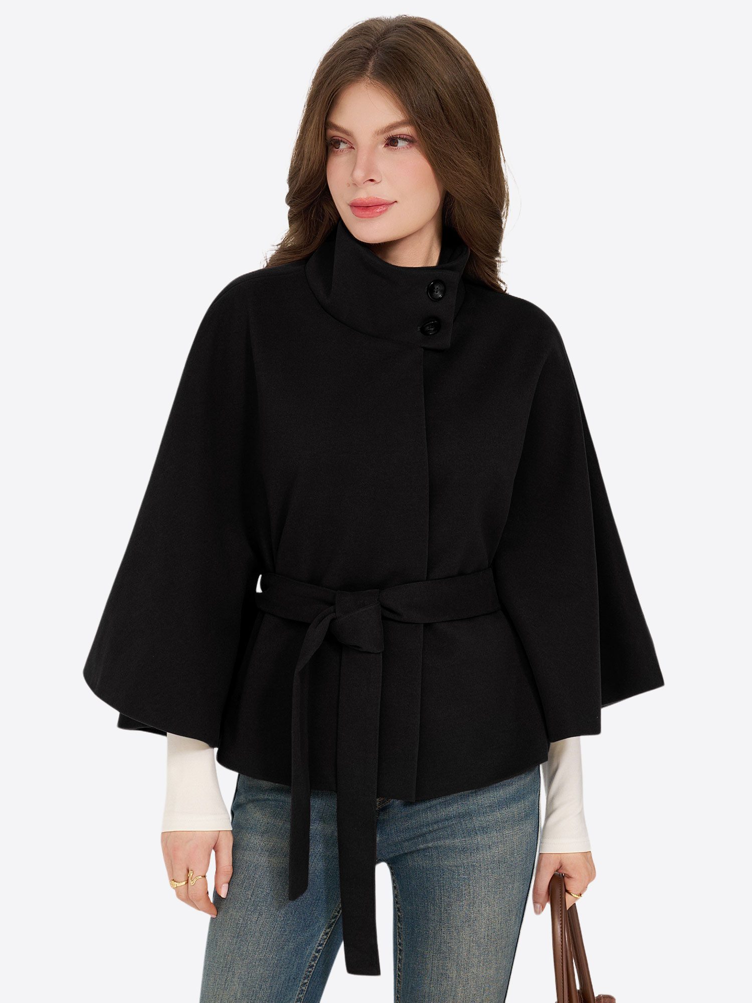 Imily Bela Kurzjacke Damen Capejacke mit Bindegürtel (Packung, 1-St., 1per-Pack) mit hoher Kragen