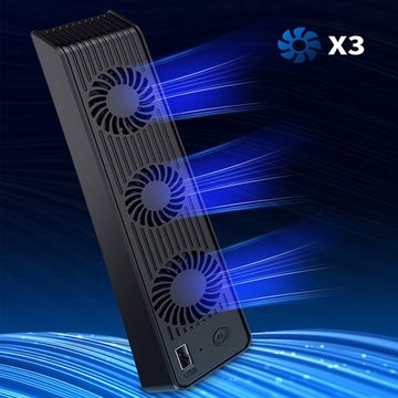 KINSI PS5 Mainframe-Kühlgebläse, PS5 Cooling Lüfter, mit externem, 2 Stück PlayStation-Controller (USB-Anschluss und 3 Ventilatoren, Temperaturkontrolle für PS5, Schwarz)
