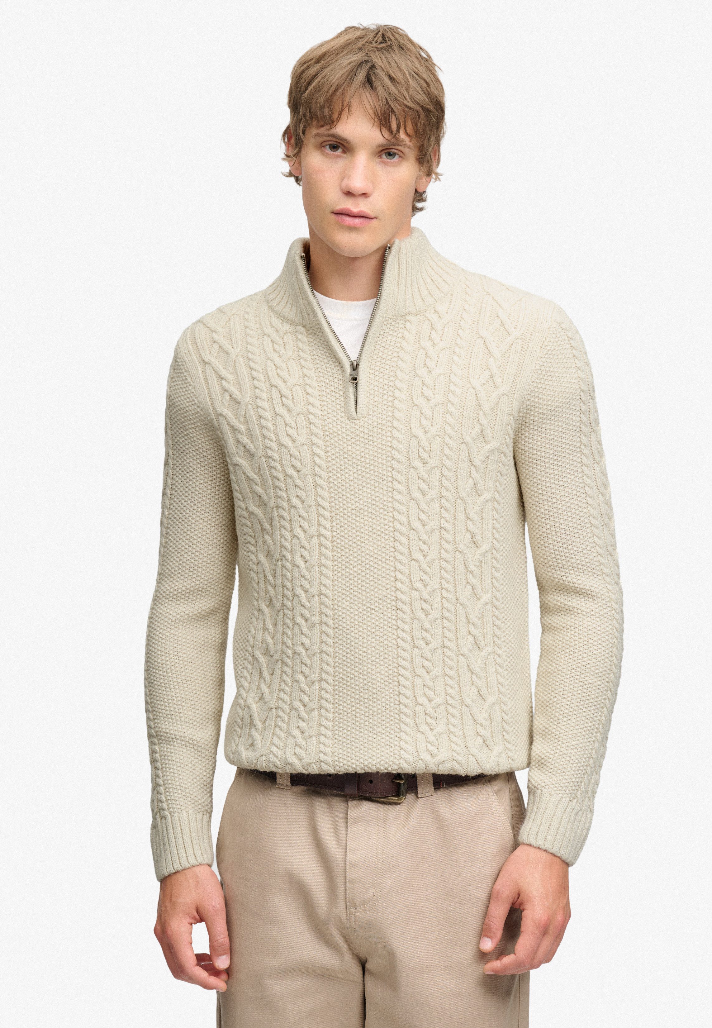 Superdry Strickpullover JACOB CABLE HALF ZIP KNIT Materialmix, slim fit