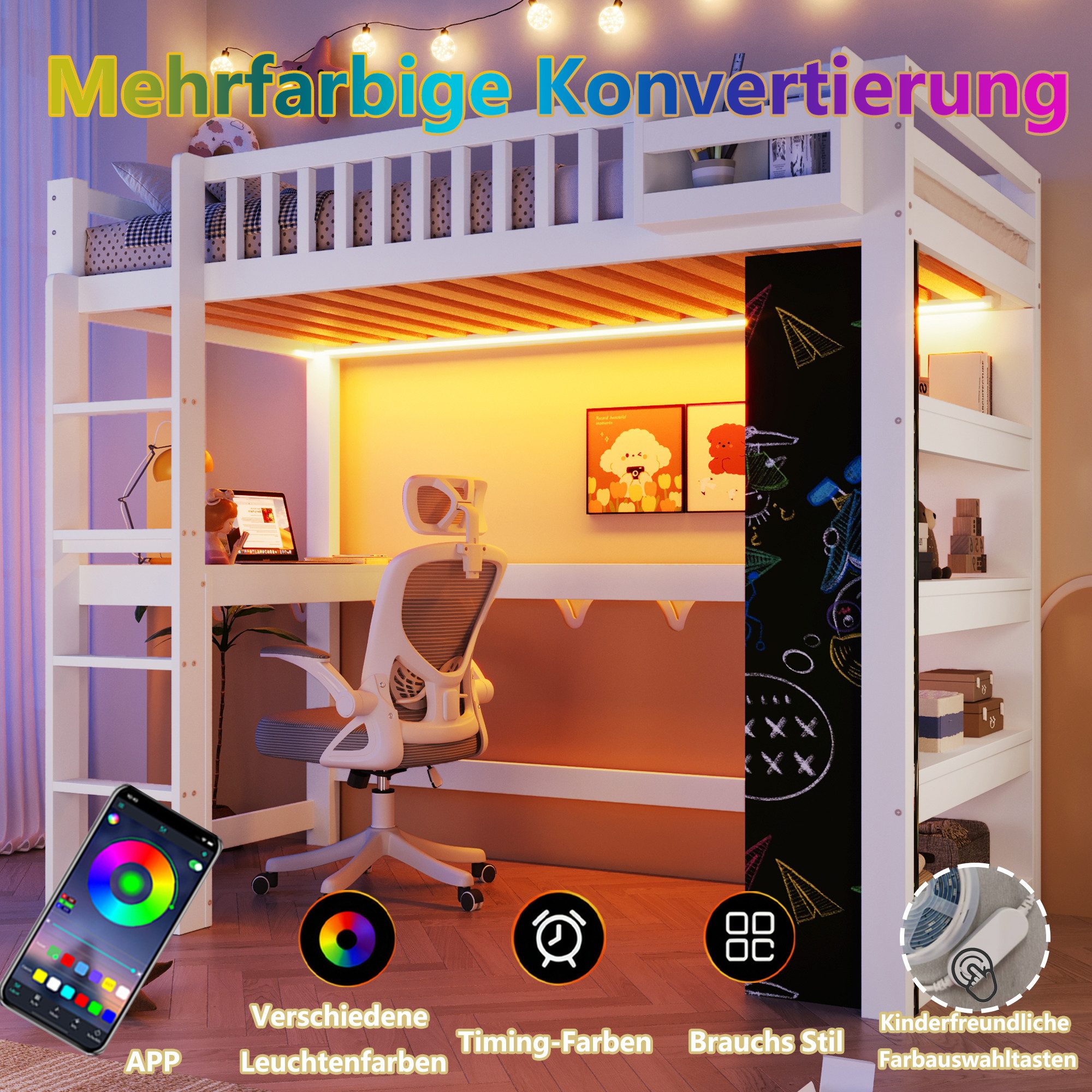 Flieks Hochbett Kinderbett 90×200cm mit Kreidetafel Schreibtisch Regal LED-Beleuchtung